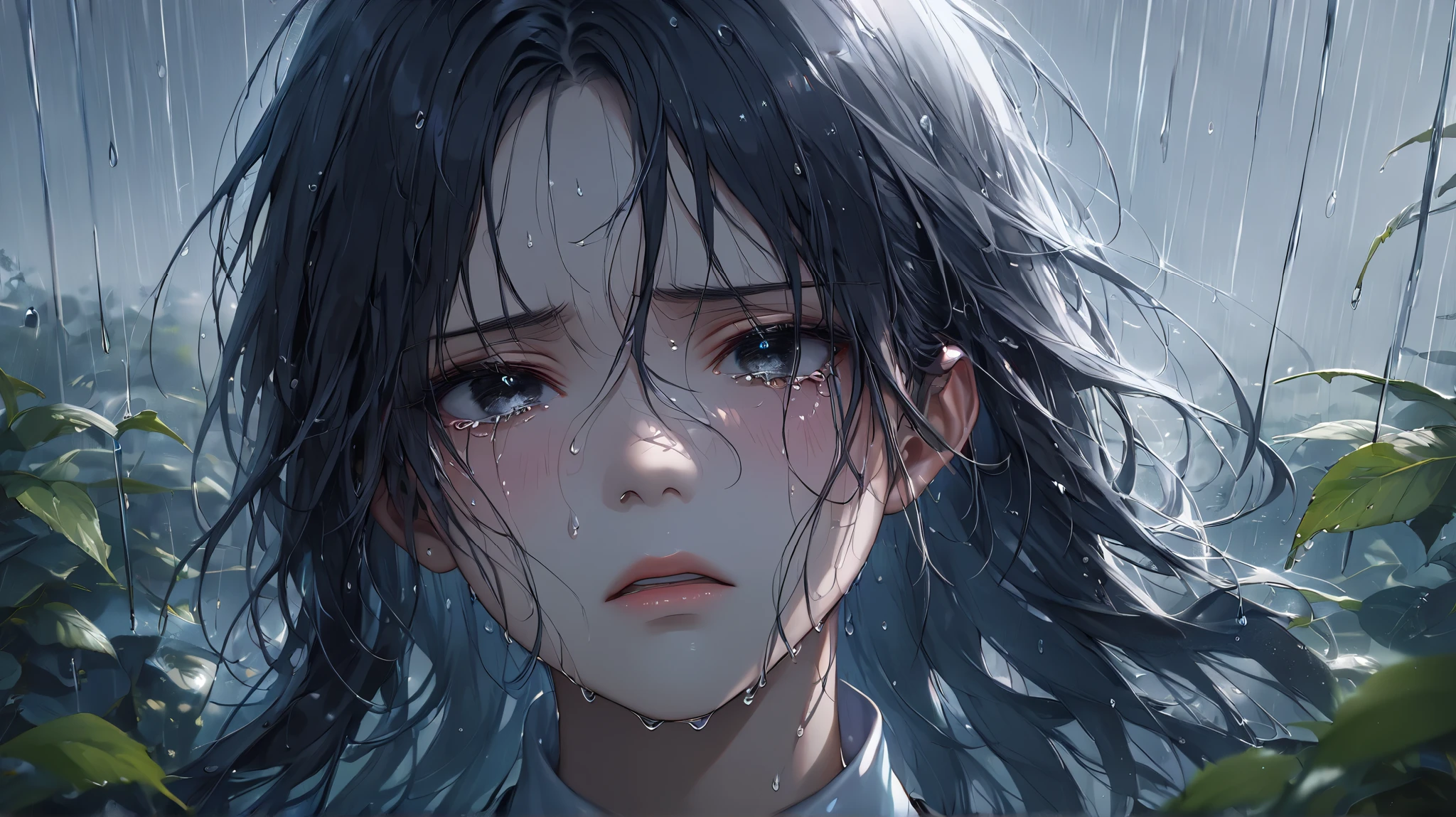 (Masterpiece at maximum 16K resolution: 1.6), (intricate details: 1.4), (extremely insane details: 1.4), (highest quality: 1.3), (hyper_realistic: 1.3). | Jesus looking at the sky, deep emotions, tears running down his face, soft raindrops, fresh vegetation, shiny wet pavement, expressive and black eyes, pensive expression, sadness, delicate features, long flowing hair, wet clothes, ethereal atmosphere, misty atmosphere, moody lighting, dramatic composition, subtle shadows, emotional charge, melancholic atmosphere, vibrant colors, soft color palette, rainy day aesthetic, beauty, raw moving moment, captivating composition, pain and vulnerability, contrast of beauty and sadness, drops of rain tracing your eyelashes and cheeks, loneliness in the crowd, defining moment in your life, hope lingering in your eyes. | ((He's crying):1,3)):0,7), (((More_Details))).