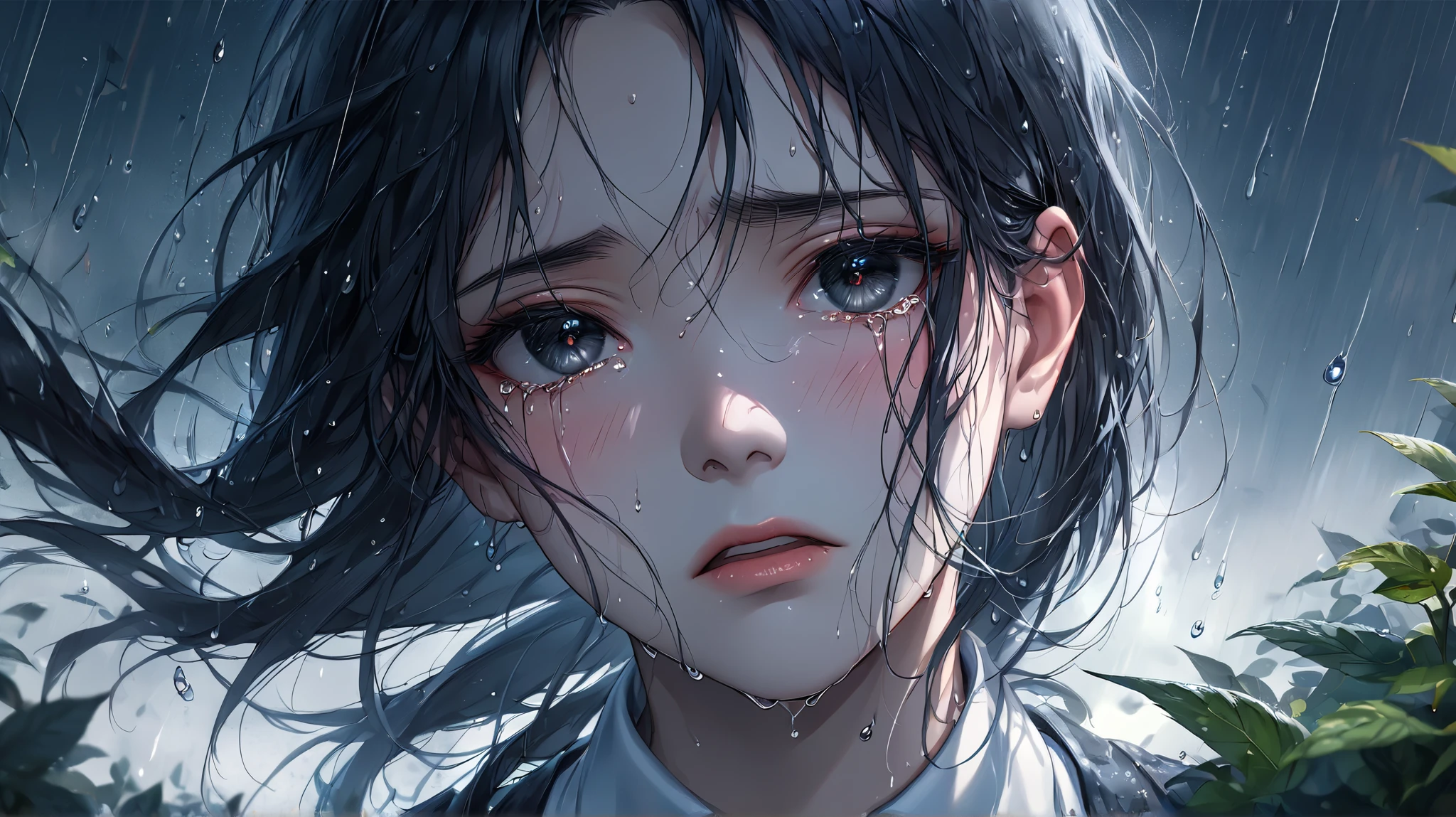 (Masterpiece at maximum 16K resolution: 1.6), (intricate details: 1.4), (extremely insane details: 1.4), (highest quality: 1.3), (hyper_realistic: 1.3). | Jesus looking at the sky, deep emotions, tears running down his face, soft raindrops, fresh vegetation, shiny wet pavement, expressive and black eyes, pensive expression, sadness, delicate features, long flowing hair, wet clothes, ethereal atmosphere, misty atmosphere, moody lighting, dramatic composition, subtle shadows, emotional charge, melancholic atmosphere, vibrant colors, soft color palette, rainy day aesthetic, beauty, raw moving moment, captivating composition, pain and vulnerability, contrast of beauty and sadness, drops of rain tracing your eyelashes and cheeks, loneliness in the crowd, defining moment in your life, hope lingering in your eyes. | ((He's crying):1,3)):0,7), (((More_Details))).