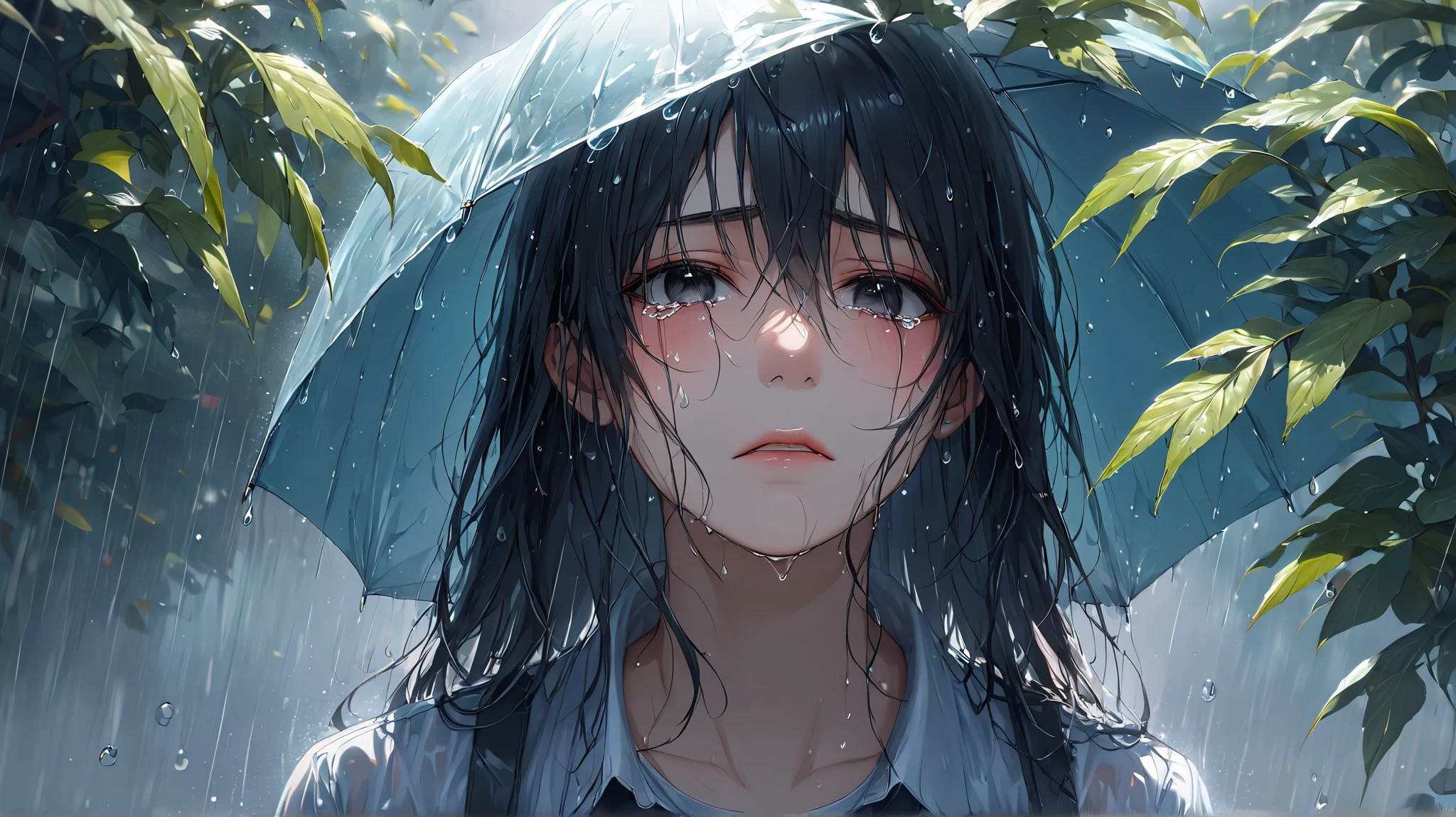 (Masterpiece at maximum 16K resolution: 1.6), (intricate details: 1.4), (extremely insane details: 1.4), (highest quality: 1.3), (hyper_realistic: 1.3). | Jesus looking at the sky, deep emotions, tears running down his face, soft raindrops, fresh vegetation, shiny wet pavement, expressive and black eyes, pensive expression, sadness, delicate features, long flowing hair, wet clothes, ethereal atmosphere, misty atmosphere, moody lighting, dramatic composition, subtle shadows, emotional charge, melancholic atmosphere, vibrant colors, soft color palette, rainy day aesthetic, beauty, raw moving moment, captivating composition, pain and vulnerability, contrast of beauty and sadness, drops of rain tracing your eyelashes and cheeks, loneliness in the crowd, defining moment in your life, hope lingering in your eyes. | ((He's crying):1,3)):0,7), (((More_Details))).