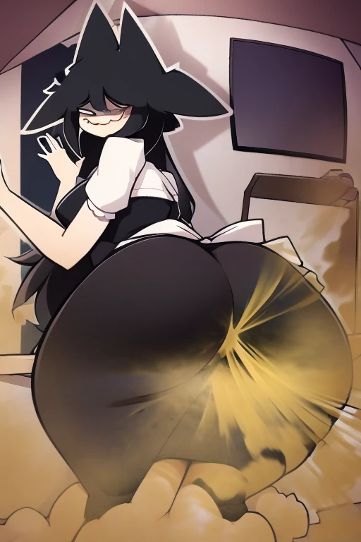 Little Girl, Long hair, Black hair, Blue eyes, (((Maid clothes with short skirts))), Skirt, Pale panties, (((Horizontal striped panties))), gargantuan butt, Squatting, Squatting on the table, Look back and look back, smiling mischievously, grin, laught, velocity, fart slime, velocity, velocitying, big velocity, Fart from the ass,fart on food, I can't stop farting, Yellow smoke, Yellow smoke is rising, Japanese style dining room speech bubble((Damn it♥