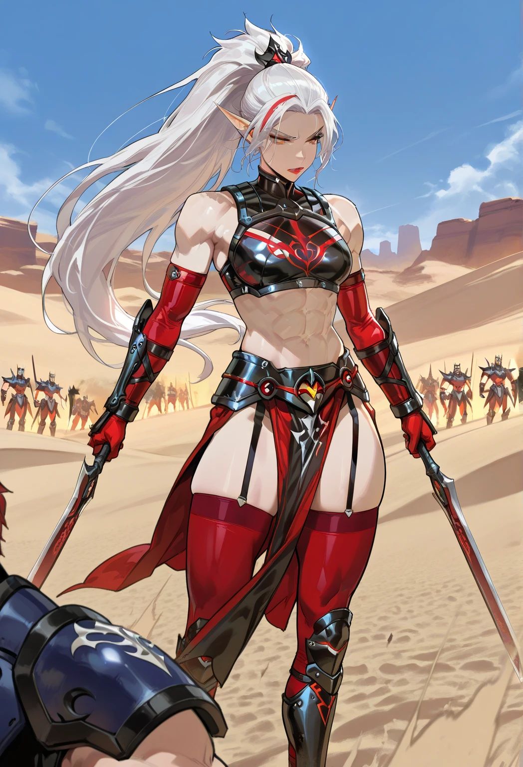 score_9, score_8_up, score_7_up, score_6_up, score_5_up, {1girl, 4z0l4. Fury sister, elf girl, (ss-h5BSis), pointy ears, orange eyes, lipstick, makeup, pale skin, (Scarlet hair), very long hair, big hair, muscular woman, abs, (6 pack abs), muscular thighs, twilight steel armor,  red and black clothes, (female gladiator), bare shoulders, bikini armor,  red turtleneck bikini, red elbow gloves, bracers, plate gloves,  red armlet, pelvic curtain,  red thighhighs, thighhighs straps, shin armor plates, plate boots, heels}. uses dual blades, fighting, fights against a crowd of dwarves using twin blades. (intricate details, masterpiece, best quality), high definition, realistic, 8k, in the background: battle, desert, sand dunes, heat, high sun, cloudless sky, midday,
Get ready to dive into a world where beauty and craftsmanship merge seamlessly, anatomically correct, looking to the side