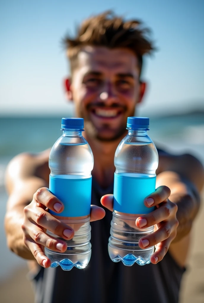 Tanned surfer, high, brown blonde hair with sunglasses, toned body, holding a blue sports bottle