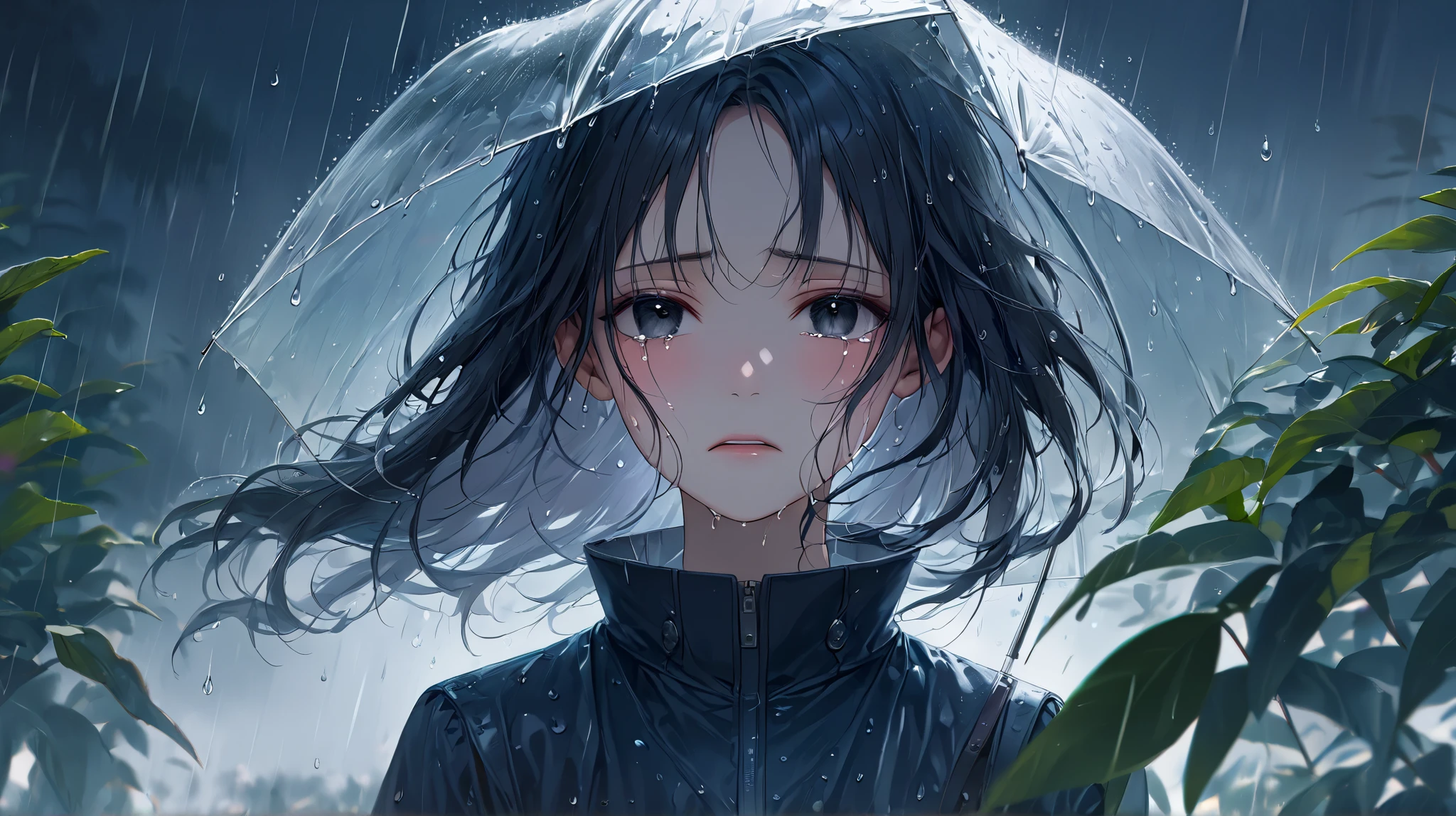 (Masterpiece at maximum 16K resolution: 1.6), (intricate details: 1.4), (extremely insane details: 1.4), (highest quality: 1.3), (hyper_realistic: 1.3). | Jesus looking at the sky, deep emotions, tears running down his face, soft raindrops, fresh vegetation, shiny wet pavement, expressive and black eyes, pensive expression, sadness, delicate features, long flowing hair, wet clothes, ethereal atmosphere, misty atmosphere, moody lighting, dramatic composition, subtle shadows, emotional charge, melancholic atmosphere, vibrant colors, soft color palette, rainy day aesthetic, beauty, raw moving moment, captivating composition, pain and vulnerability, contrast of beauty and sadness, drops of rain tracing your eyelashes and cheeks, loneliness in the crowd, defining moment in your life, hope lingering in your eyes. | ((He's crying):1,3)):0,7), (((More_Details))).
