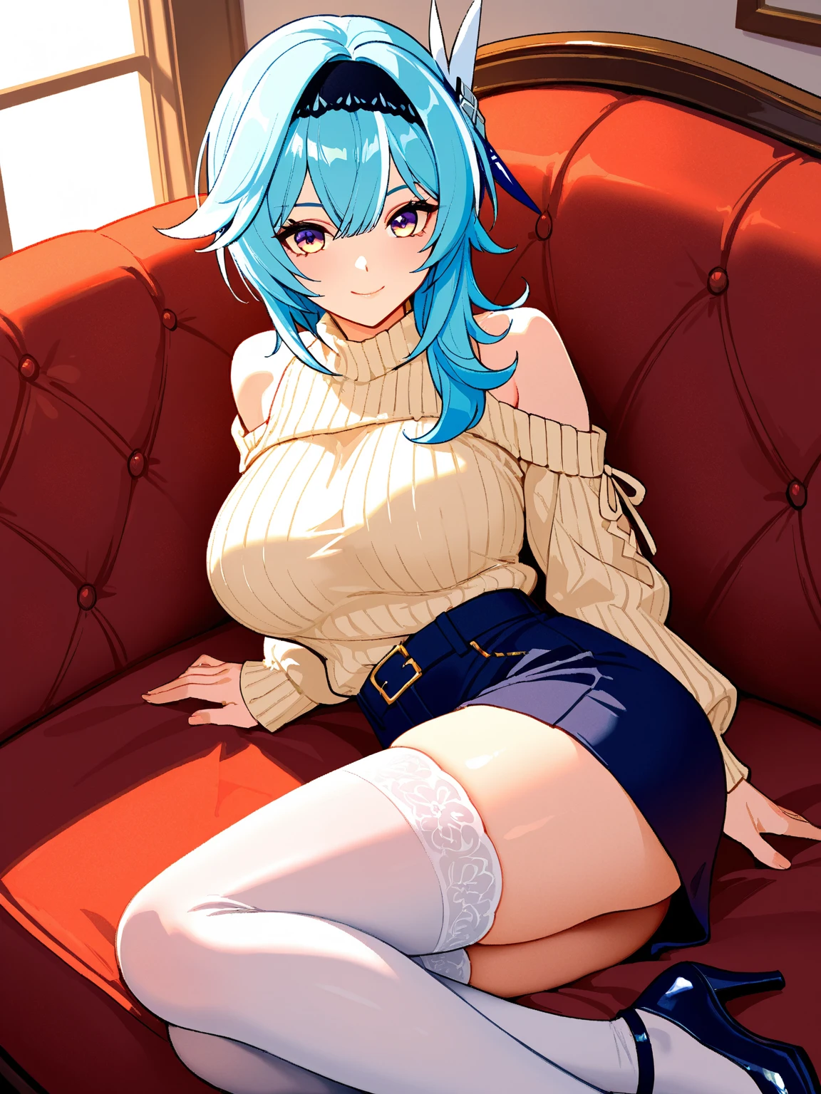 (Night:1.7), Cyberpunk_CityView, Before Window, sitting at attention,sitting on couch,suspenders,overalls, collarbone,blue dress with a yellow top and blue skirt,long sleeves, blue_hair,short_hair,purple_eyes,hair_ornament, hairclip, 1 girl, 20yo,mature female,Beautiful Finger,Beautiful long legs,Beautiful body,Beautiful Nose,Beautiful character design, perfect eyes, perfect face, looking at viewer, (innocent_big_eyes:1.0),(expressionless:1.3), NSFW,official art,extremely detailed CG unity 8k wallpaper, perfect lighting,Colorful, Bright_Front_face_Lighting, (masterpiece:1.0),(best_quality:1.0), ultra high res,4K,ultra-detailed, photography, 8K, HDR, highres, absurdres:1.2, Kodak portra 400, film grain, blurry background, bokeh:1.2, lens flare, (vibrant_color:1.2) (Beautiful,large_Breasts:1.4