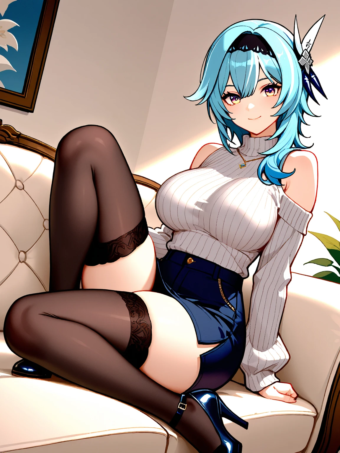 (masterpiece), (best quality), (ultra-detailed), 1 girl,rem, re zero, blue hair, short hair, gold eyes, cute, knit sweater, large boob , virgin killer sweater, (pumps), fishnet thigh high stockings, 18 years old, sitting, chinese style, indoors, sharp focus, looking at viewer, (intricate:1.1), brown theme, brown tone, spiked leather collar, illustration, more prism, vibrant color,virgin killer sweater, black thighband pantyhose,