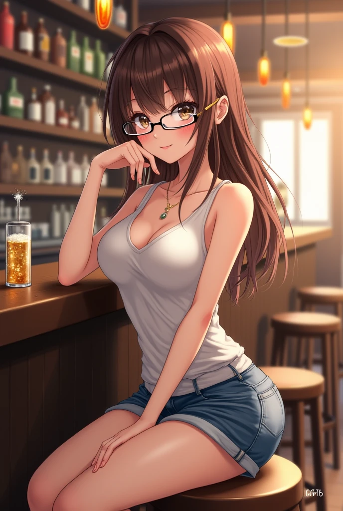 High resolution, high quality, One girl, Anime Girls,[[During pregnancy]], Brown long hair, Brown eyes, Pink Glasses,heart shaped pupils,Sunburned skin, Large Breasts,beautiful breasts,pointy breasts,(Big Ass),beautiful ass,Embarrassed,Tank Top,denim shorts,lower body,sweat,wet,squatting,open legs,arms behind head,Groin tattoo,glowing tattoo,at cafe,(lemon juice),(orange juice),(Pineapple juice),(Mango juice),(water),
