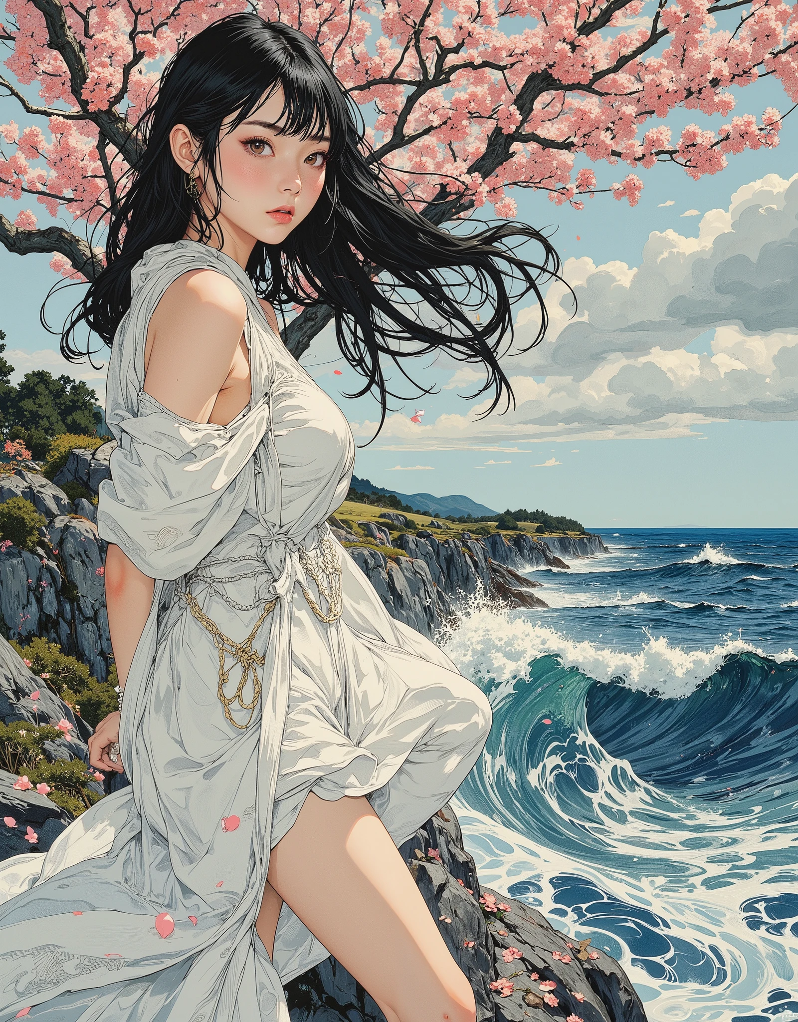 An image of a woman standing on the very edge of a sheer cliff and anxiously looking into the distance, the wind blows from the sea, a strong wind blows, ruffles her long dark hair, flutters her long white clothes,her expression is unhappy and dreary, a cherry blossom behind her,many petals, many branches of sakura, delicate peach petals are furiously rushing around, Like a blizzard, like snowfall, low gray clouds in the background, ,draw gestures to hold clothes and hair, and add movement, trees in the background, rocking,sea wind, large waves below the rocks, sakura petals in the water, like pink foam, the wind is depicted using cold colors(blue and gray), bird's-eye view, Dutch angle, color and tone perspective, digital art, art,detailed gouache paintings, gouache illustration, gouache on canvas, anatomically accurate, cinematic frame, very detailed fashion video art,keyframes,The temptation of waiting