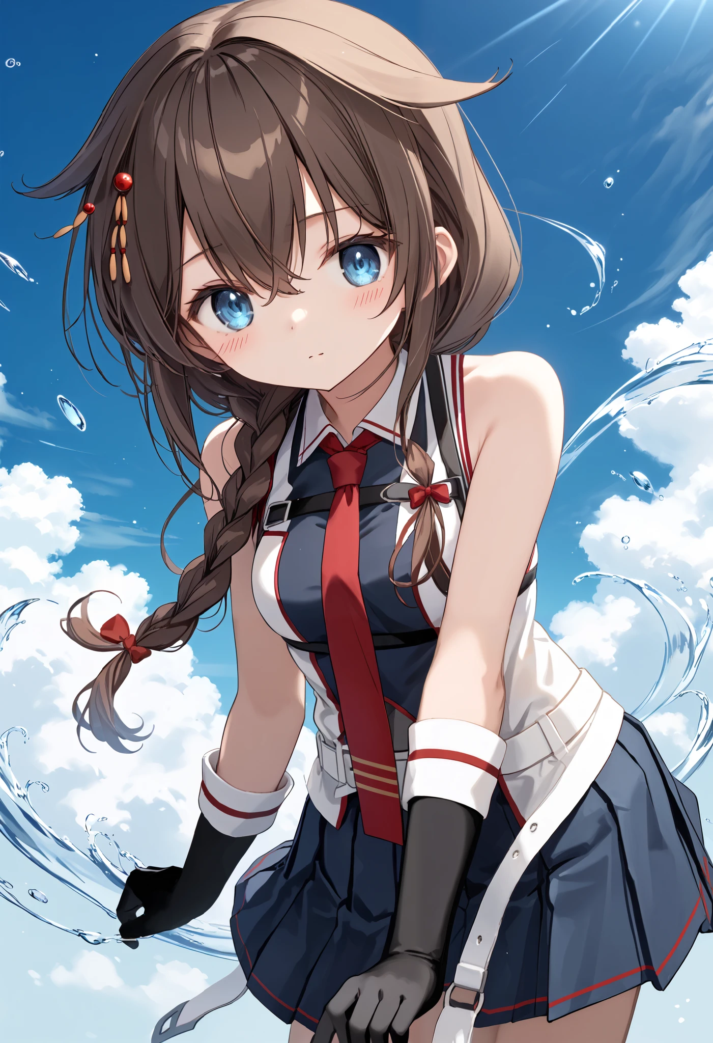 Sigure_Kaizo_kantai collection, KanColle_Shigure, KC,score_9, score_8_up , score_7_up , 8K high resolution ( very detailed ), masterpiece, ( best quality ) animated illustration, detail eyes, detailed face detailed hands thin hair very detailed本文 、 fine skin one girl , long hair、brown hair、 hair ornament、 、 pleated skirt、black、 black high socks fingertip gloves 、 black skirt 、 sleeveless shirt、 single braids、red tie、two-tone shirt、 shoulder hanging hair 、 hair flap、White Belt (chest) a gentle expression Blue sky background