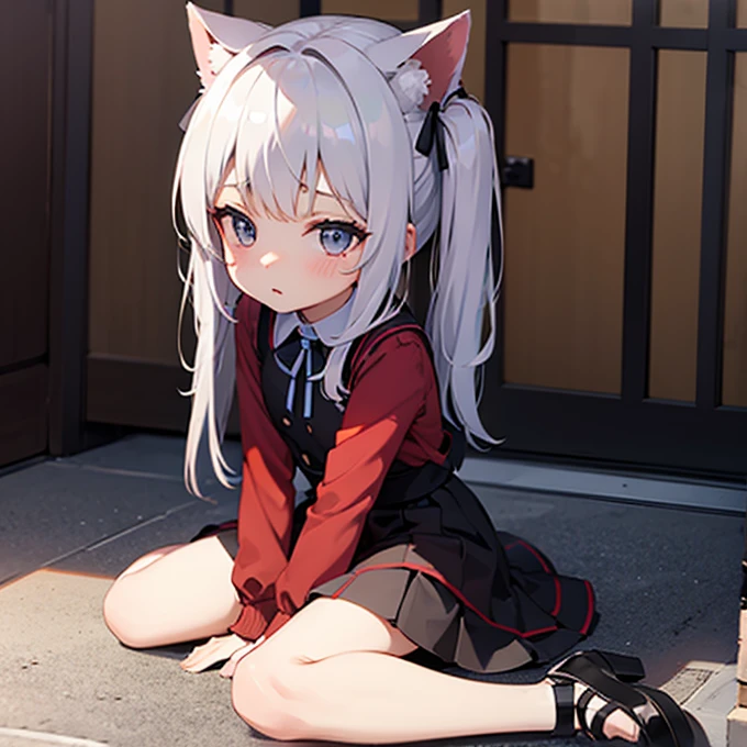 (8k, best quality, master piece: 1.2),super high resolution,1 girl, 独奏, colorshift eyes, hyperdetailed, expressive eyes, ultra-detailed face, Medieval peasant dress、Random hairstyle、silver gay hair, Abandoned warehouse, Ecstatic expression, squatting, sunset, dark, eerie