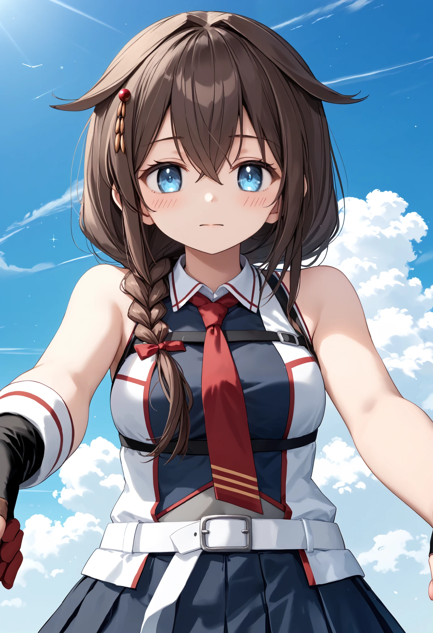 Sigure_Kaizo_kantai collection, KanColle_Shigure, KC,score_9, score_8_up , score_7_up , 8K high resolution ( very detailed ), masterpiece, ( best quality ) animated illustration, detail eyes, detailed face detailed hands thin hair very detailed本文 、 fine skin one girl , long hair、brown hair、 hair ornament、one braid 、 pleated skirt、black、 black high socks fingertip gloves 、 black skirt 、 sleeveless shirt、 single braids、red tie、two-tone shirt、 shoulder hanging hair 、 hair flap、White Belt (chest) a gentle expression Blue sky background