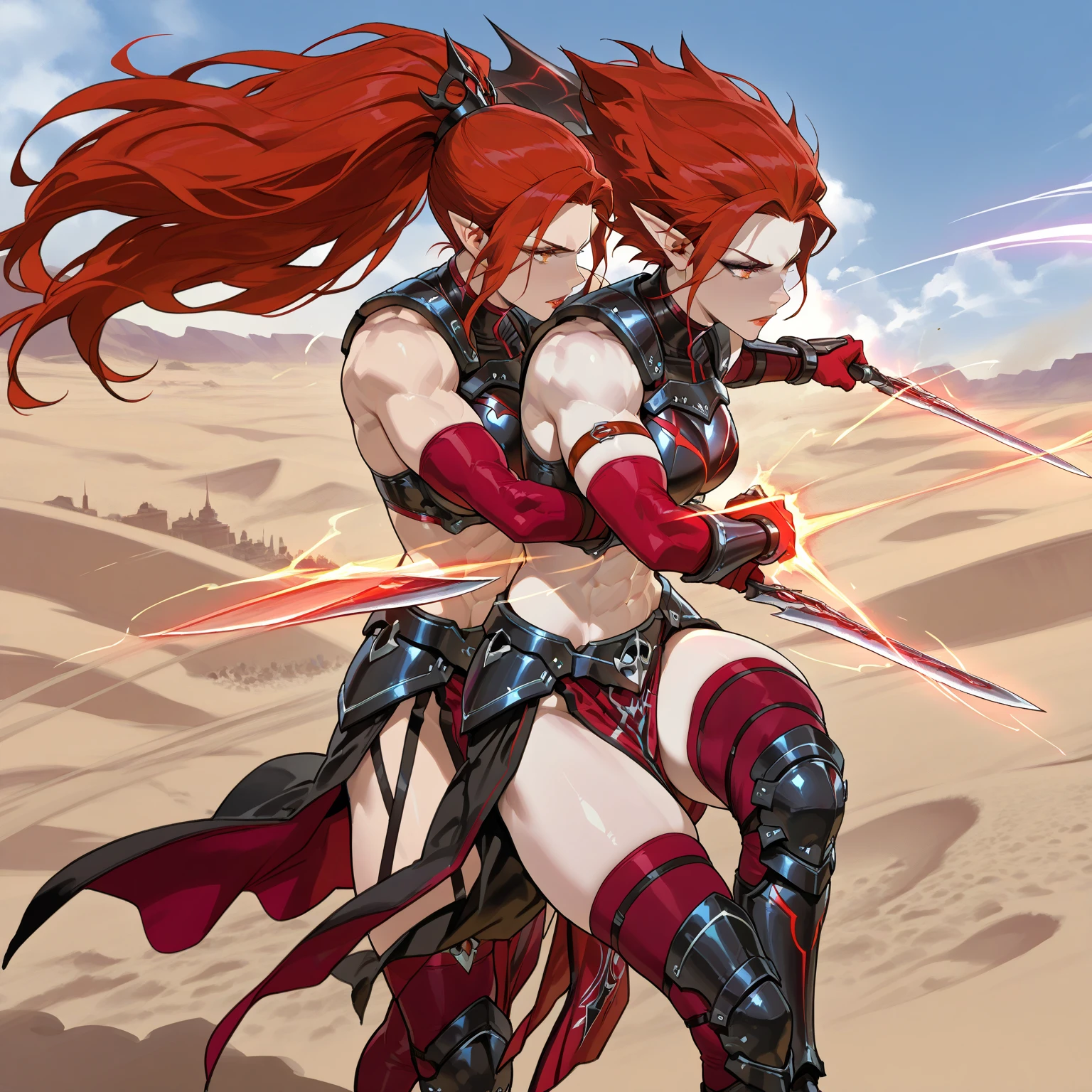 (Girl with a big ax)、Full body depiction、(Standing in the desert)、Standing alone、((Wild Female Warrior))、shorth hair、(Old wounds all over the body)、(red hairs)、Unidentified existence、(Veteran Hero)、Nice Body、Beastly fighting stance、jungles、(Holding a tomahawk in both hands)、The ultra -The high-definition、Tribal costume、Full body combat makeup、Brown skin tone、inner colored、Black eyes