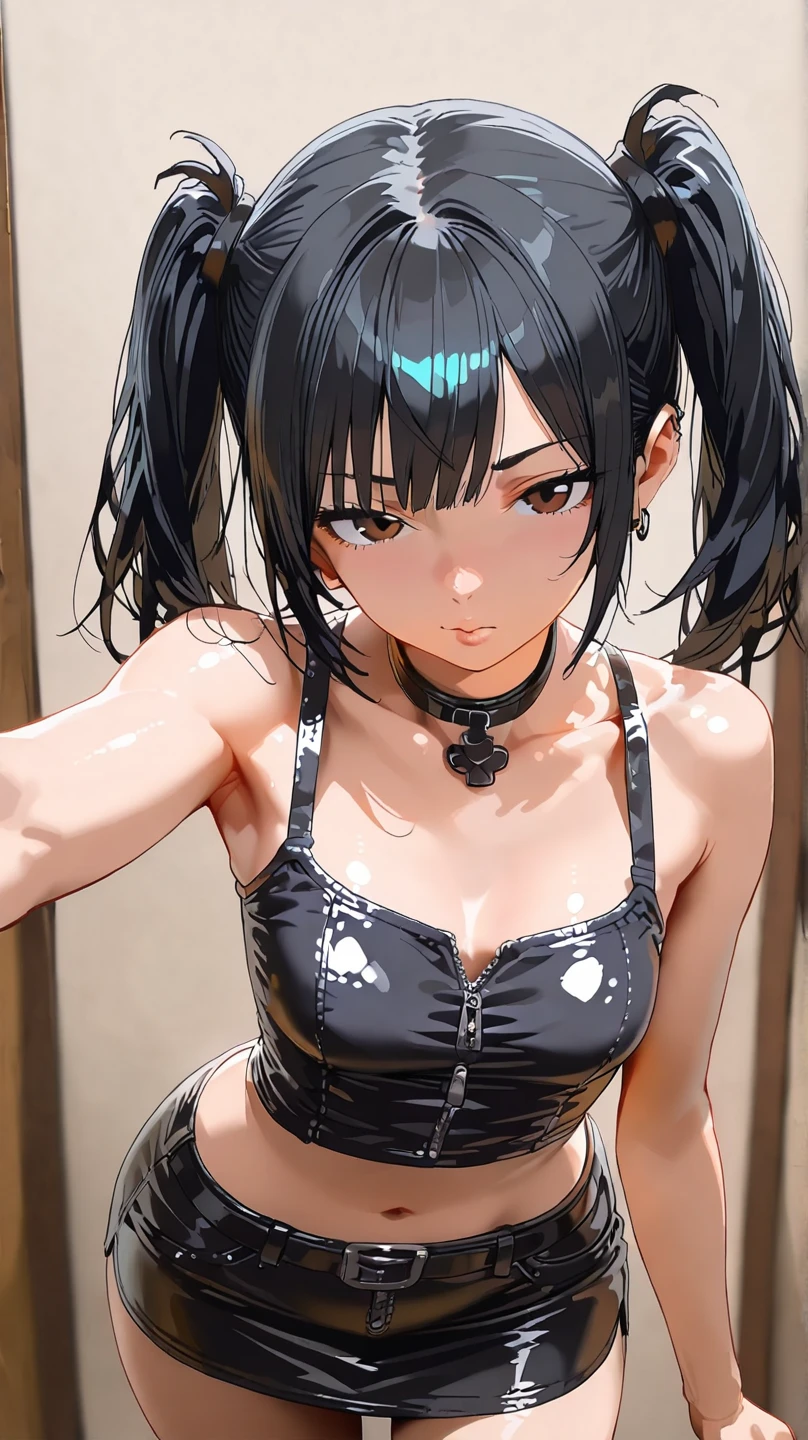 1 female,black hair,25 years old,(((blue shiny micro tight skirt)))((white tank top))(((blush、open mouth smile)),(((straight hair))),(((portrait))),crowd,,(wet with sweat)(sexy black bra and see-through tank top)(leather thigh high boots)((low ponytail))Saten Ruiko