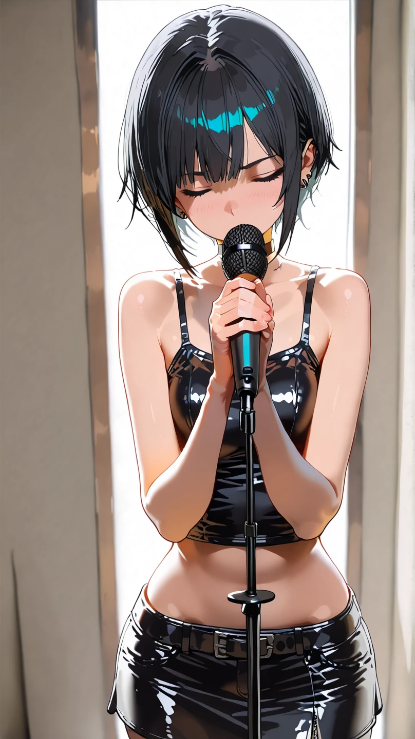 (((NSFW)))、((Masterpiece, Highest quality、Super detailed, Attention to detail))、Tabletop、girl、((high school girl、Black Hair、(Very Short Hair)、Slit eyes、Red Eyes、eight-headed body、Model-like style、Slender))、((((Completely naked))))、Silver earringultiple silver accessories、Silver Ring、Silver Ring、Band Gal、(((Red electric guitar)))、(((liveハウス、live、Three-piece band、Dim lighting)))、(((Playing guitar)))、((live、Playing the guitar、On stage))、((No bra、No underwear))、(((Sweating a lot、Sweat dripping、Sweat vapor)))、(((Wet Hair)))、(((Body odor)))、((Sweaty smell))、((((Love juice overflows from the vagina))))、((Angle from below、I can see the vagina))、smile、(((Leg spread)))、(((tears)))、(((Dildo in vagina)))、(((Masturbation)))、smile