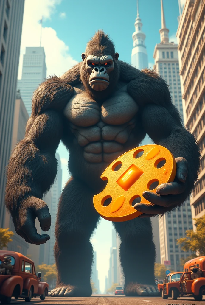 High quality, 8K ultra HD, for the advertisement of an ice cream parlor called KongHelados and that has a KingKong with a Mango palette in its hand and that can be seen in the middle of the city