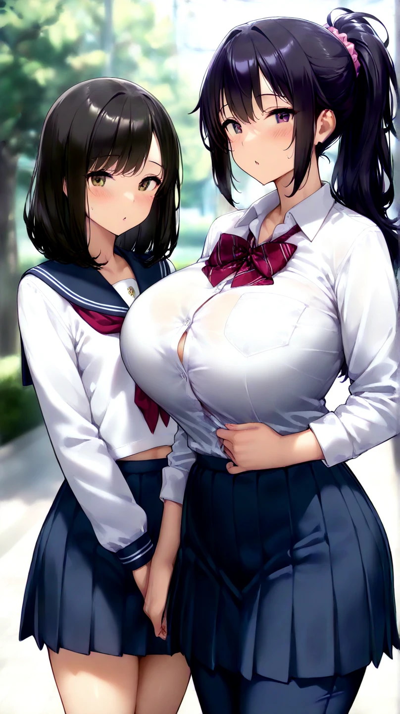 (masterpiece, detailed, realistic:1.3), (2girls:1.2), asian sisters, young, teenager, skinny, (gigantic breasts:1.8), (bursting breasts:1.2), gigantic ass, (playful expression:1.3), (detailed, beautiful, realistic face), school cafeteria