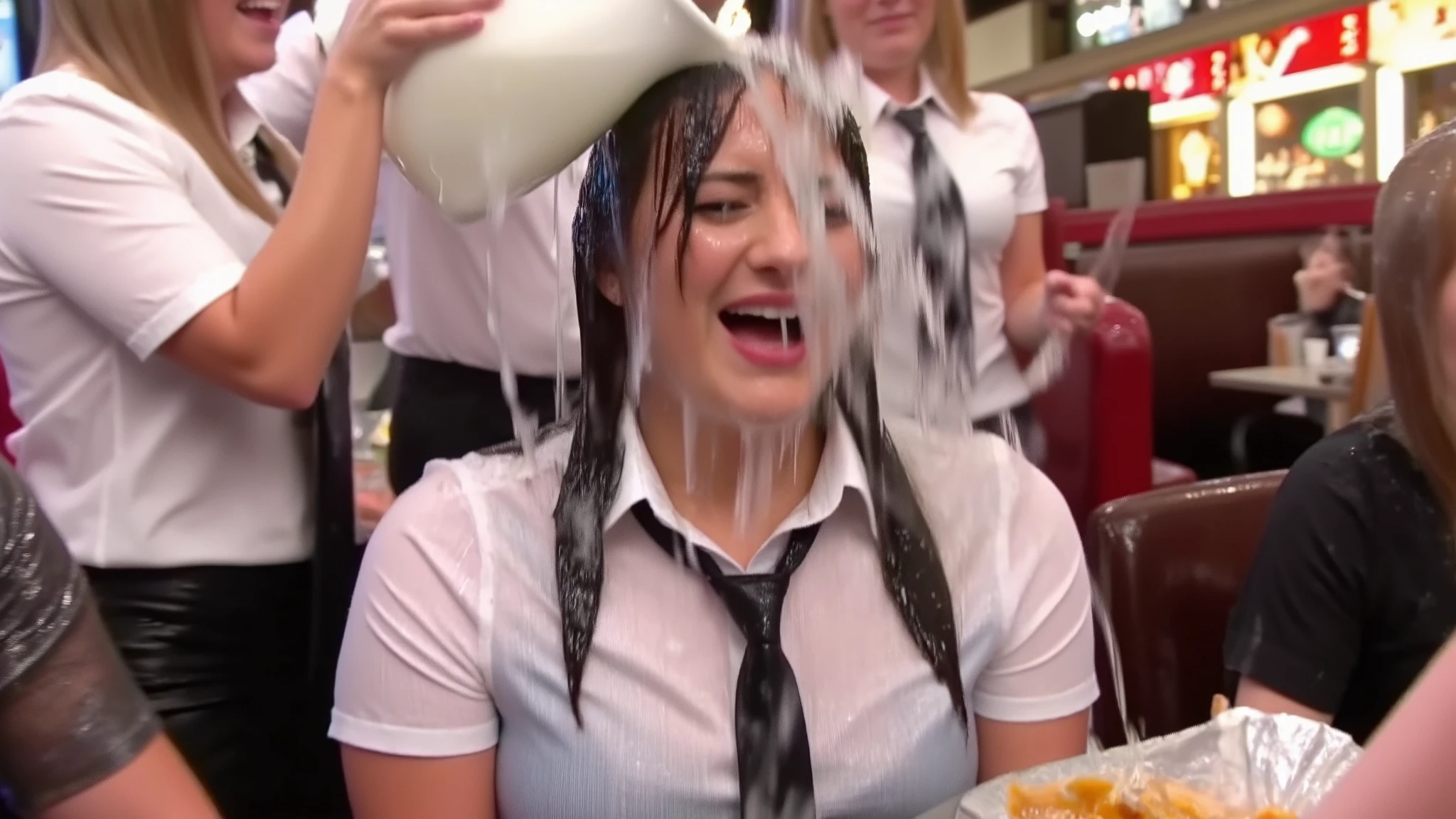 During a food fight in a restaurant, a female customer tips a pitcher of water over a waitress' head. The waitress shrieks as the water runs down her face and she is completely soaked.