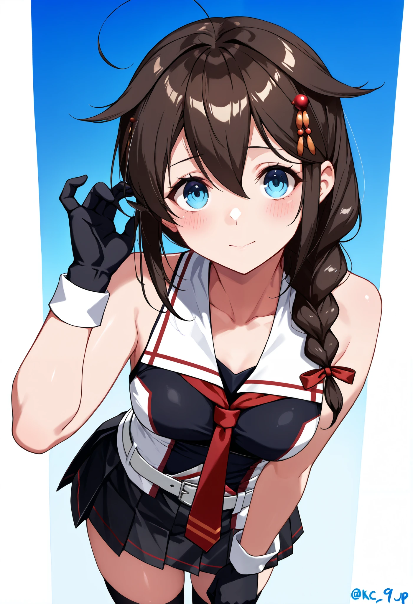 Sigure_Kaizo_kantai collection, KanColle_Shigure, KC,score_9, score_8_up , score_7_up , 8K high resolution ( very detailed ), masterpiece, ( best quality ) animated illustration, detail eyes, detailed face detailed hands thin hair very detailed本文 、 fine skin one girl , long hair、brown hair、 hair ornament、 、 pleated skirt、black、 black high socks fingertip gloves 、 black skirt 、 sleeveless shirt、 single braids、red tie、two-tone shirt、 shoulder hanging hair 、 hair flap、White Belt (chest) a gentle expression Blue sky background