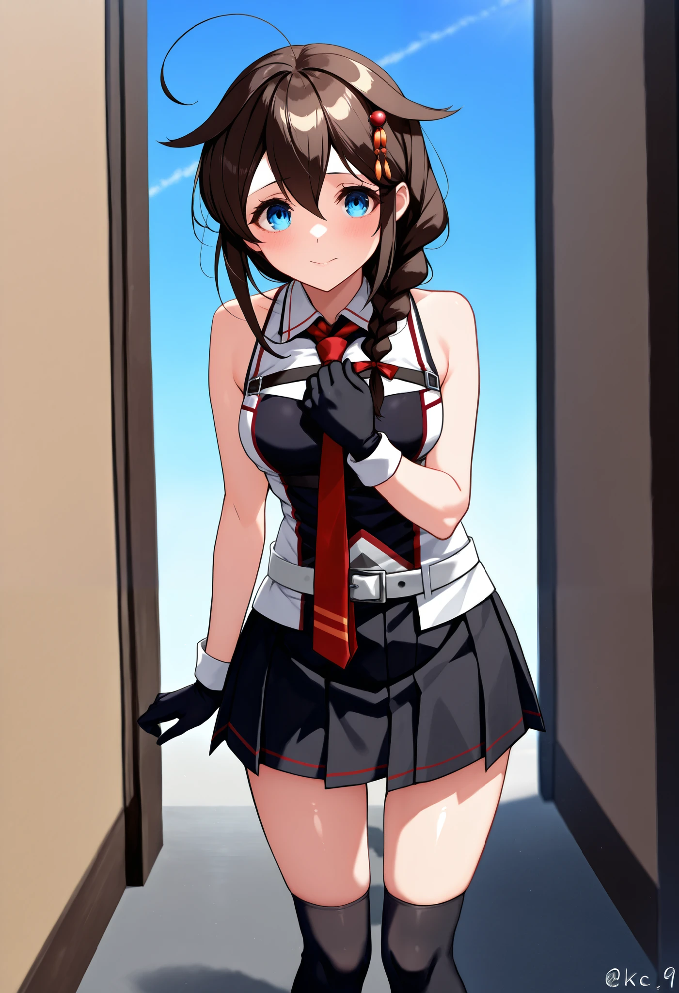 Sigure_Kaizo_kantai collection, KanColle_Shigure, KC,score_9, score_8_up , score_7_up , 8K high resolution ( very detailed ), masterpiece, ( best quality ) animated illustration, detail eyes, detailed face detailed hands thin hair very detailed本文 、 fine skin one girl , long hair、brown hair、 hair ornament、 、 pleated skirt、black、 black high socks fingertip gloves 、 black skirt 、 sleeveless shirt、 single braids、red tie、two-tone shirt、 shoulder hanging hair 、 hair flap、White Belt (chest) a gentle expression Blue sky background