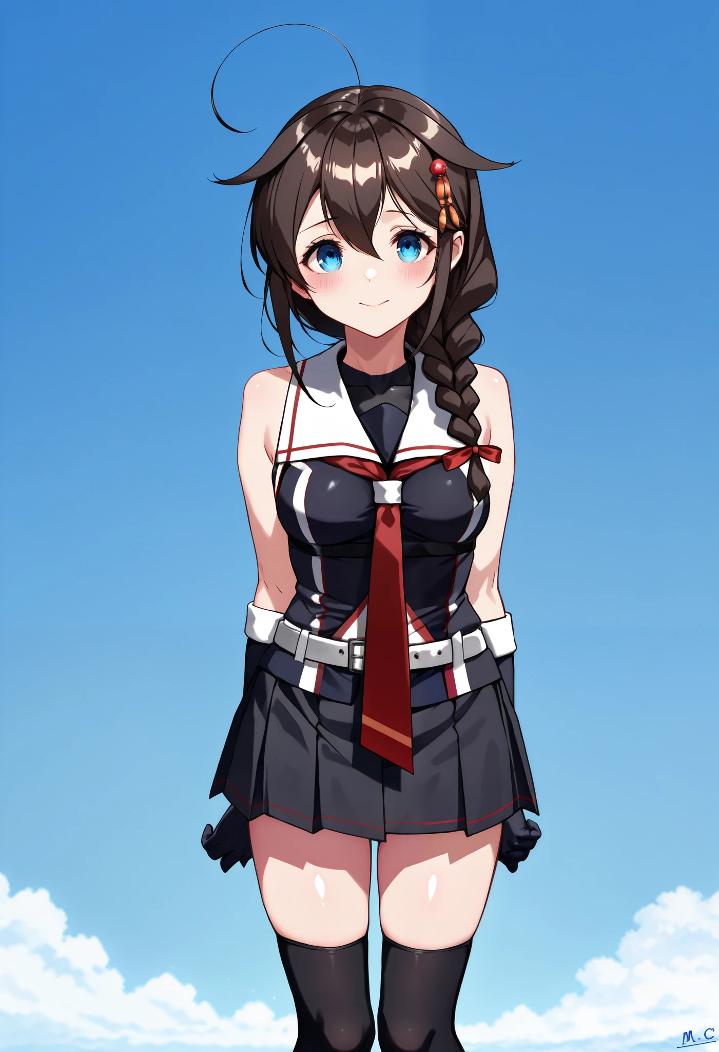 Sigure_Kaizo_kantai collection, KanColle_Shigure, KC,score_9, score_8_up , score_7_up , 8K high resolution ( very detailed ), masterpiece, ( best quality ) animated illustration, detail eyes, detailed face detailed hands thin hair very detailed本文 、 fine skin one girl , long hair、brown hair、 hair ornament、 、 pleated skirt、black、 black high socks fingertip gloves 、 black skirt 、 sleeveless shirt、 single braids、red tie、two-tone shirt、 shoulder hanging hair 、 hair flap、White Belt (chest) a gentle expression Blue sky background