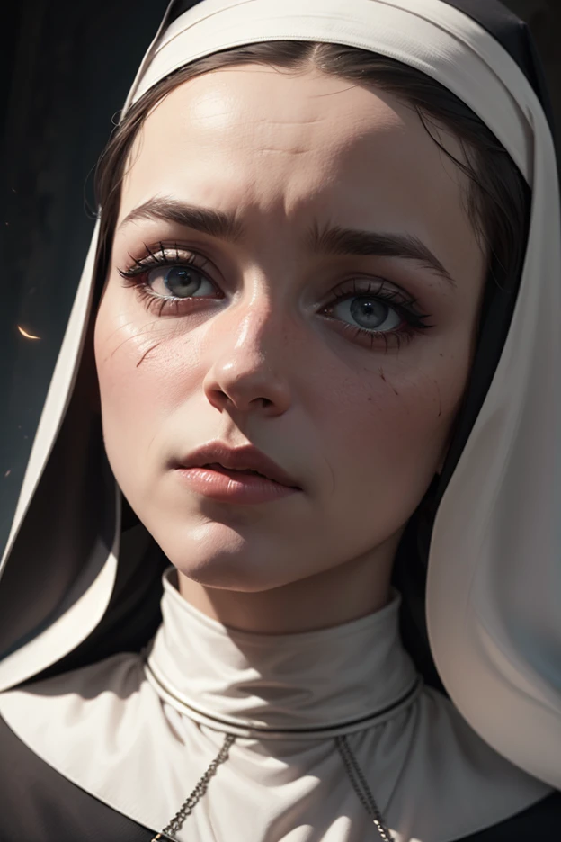(Ultra-high resolution, 8k original photo, Realistic, Thin contours), (Cinema Lighting, Fabric Shading), (Nuns&#39;Gold decorated scarf:1.3, gold cross jewelry), (巨not a big deal乳房, Breast drooping, not a big deal , Cleavage), 1 girl, ((Mature Woman, Mature Woman:1.2)), 20-year-old, (good, Long side slit skirt), Mature saint praying at the altar of the church, Linkage, religious attire, blush, Hot State, Embarrassing, Looking at the audience, Blonde, night, Clothes that show your body lines, (Dynamic Angle, From the bottom center), , 