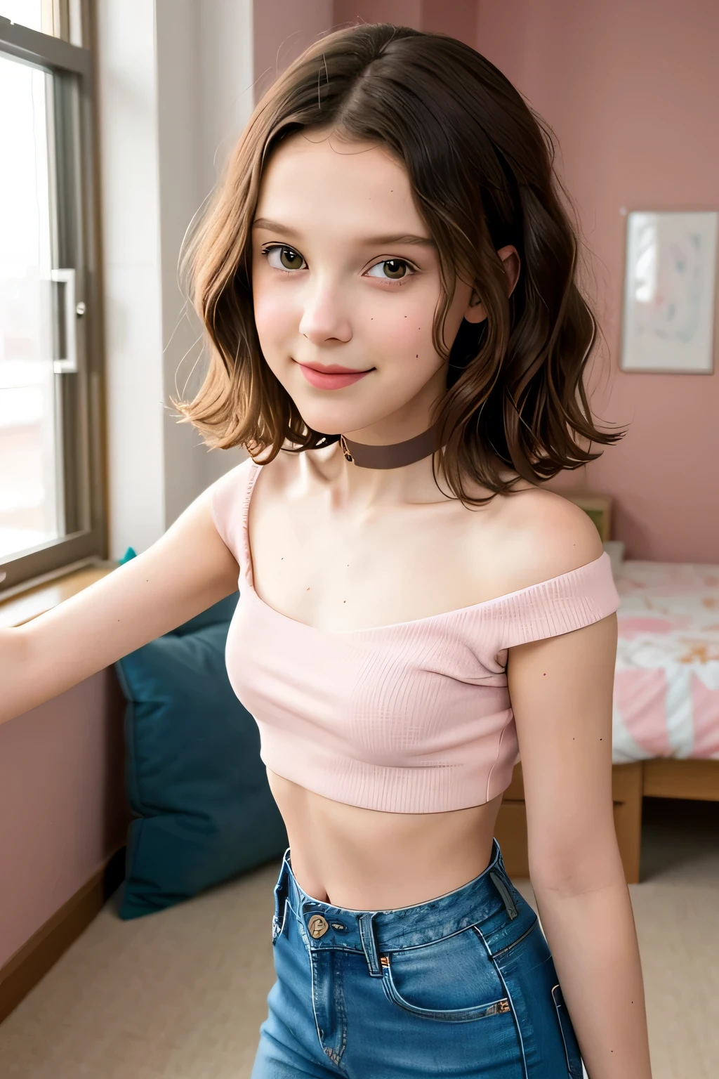 mbb,  Millie Bobby Brown ,  age girl,  RAW photo, close, ( skinny girl ),  high school girl , (( Body )), little ager,  dimples on the cheeks , happy smiling,  beautiful smile ,  masterpiece , rostro  beautiful,  blush,  graphic eyeliner , rouge, ( lipstick:0.6), (choker:0.9),  Realistic skin texture , (red:0.8), suave,  warm lighting , cozy atmosphere, instagram style, , delgado,  beautiful, beautiful, pale skin,  the girl does a dance pose in her room she looks happy, wearing tight jeans,  bare shoulders ,She wears a short green shirt , s, slim, Slender girl, adolescente slim, three-quarter plane ,  high heels ,  Maximum detail,  Body pequeño,  age girl de s, high school girl , HD, 4k,  top quality,  Maximum detail,