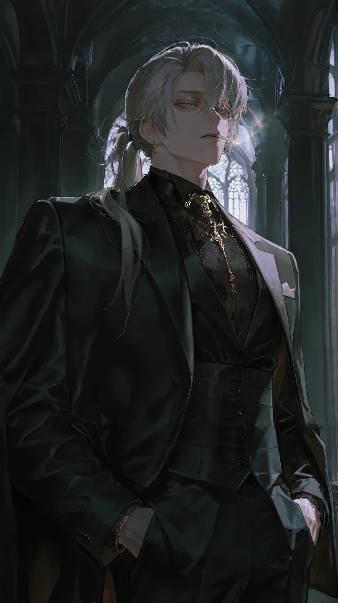 1 boy, silver long hair in ponytail, green eyes, mafia, in the background of the palace, usual clothes, cigarette, high quality, masterpiece, cinematic lighting, moody colors, muted tones, dramatic atmosphere, detailed environment, intricate architecture, opulent decor, elegant furnishings, hyper-detailed, 8K, physically-based rendering