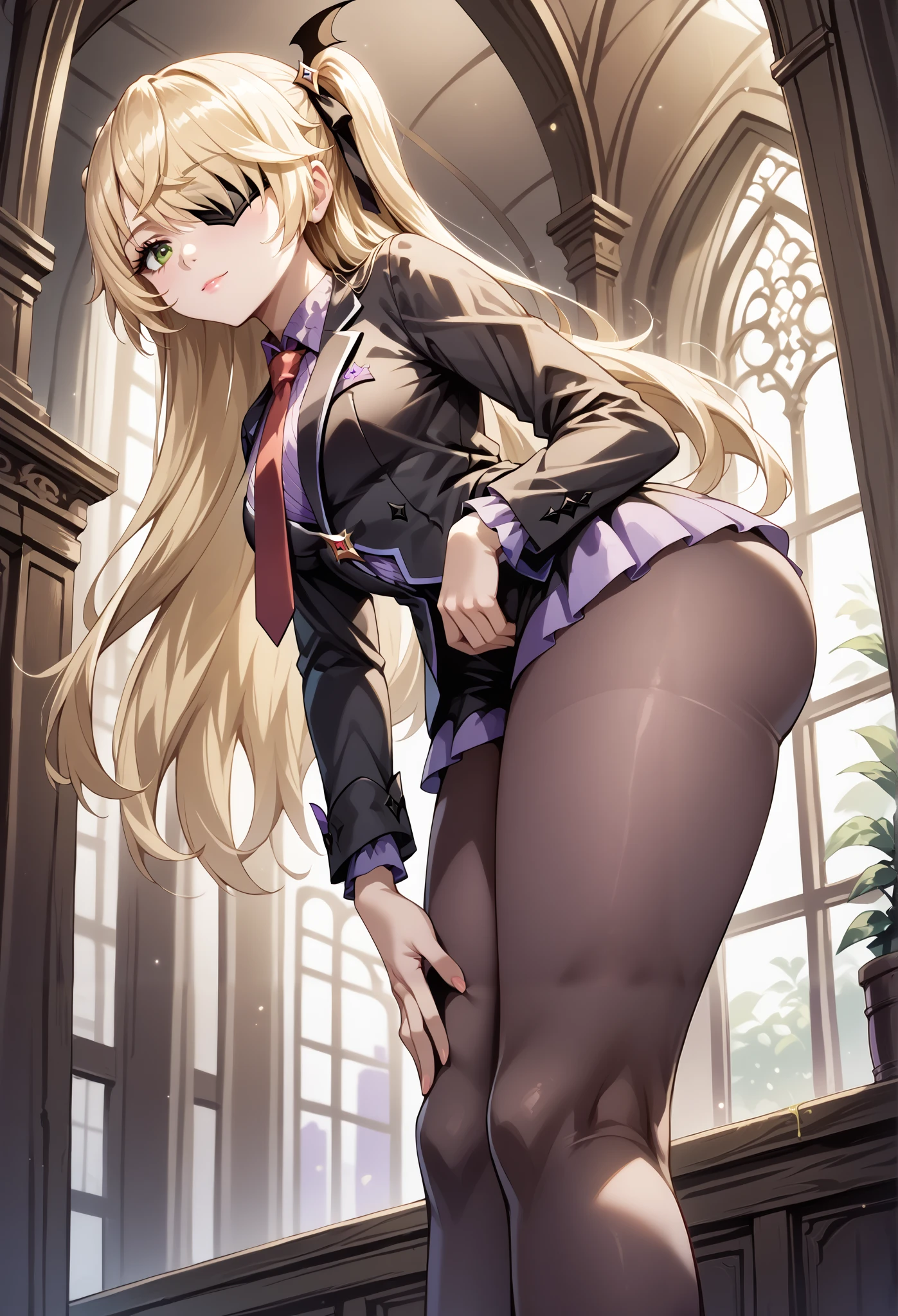 score_9, score_8_up, score_7_up, source_anime, 4K,perfect fingers,(perfect hands, perfect anatomy),prefect lighting, very aesthetic, intricate details,highly detailed background, masterpiece, high quality, best quality,
1girl,solo, fischl, fischl, long hair, bangs, ((blonde hair:1.5)), ribbon, green eyes, hair ribbon, hair over one eye, two side up, eyepatch, large breasts,,
wearing ((suit and tie with a red tie on her neck, )),,
sitting, ((Side View:1.5)), ((leaning forward:1.3)), ((Low Angle View:1.4)),