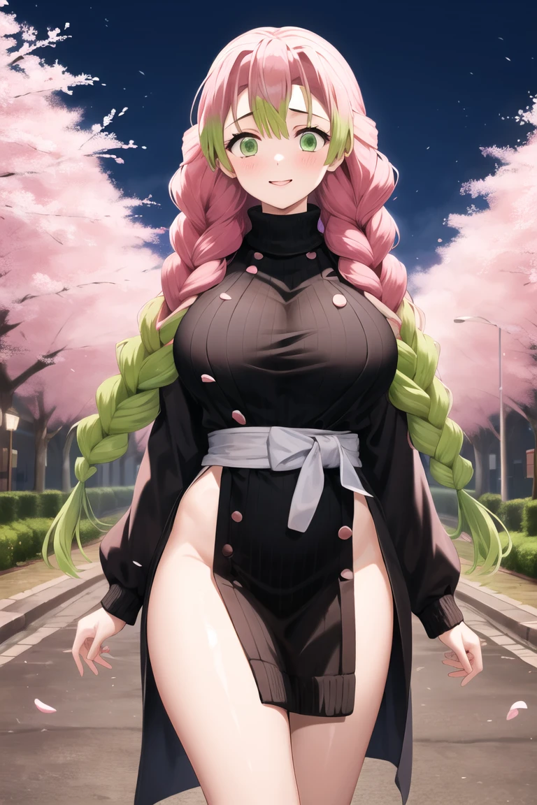 (((masterpiece)), (best quality:1.7), (detailed:1.4), (high res:1.4), 8k, (colorful:1.5), high resolution, sharped image, 4k, hd, (beautiful detailed background:1.2), (beautiful lighting:1.2), (highly detailed:1.2), perfect lighting, (8k wallpaper:1.2), (highly detailed:1.2), (extremely detailed CG:1.2), mitsuri_dms, 1girl, solo, green eyes, mole, mole under eye, green hair, pink hair, ((black_special_pupil)), eyelashes, thick eyelashes, braids, twin braids, hair between eyes, long hair, large breasts, skirt, black skirt, pleated skirt, belt, white belt, long sleeves, jacket, white jacket, thighhighs, green thighhighs, open clothes, zettai ryouiki, haori, demon slayer uniform, japanese clothes, cleavage, sitting, sakura trees, sakura, leaves, petals, ((blush)), (embarrased),