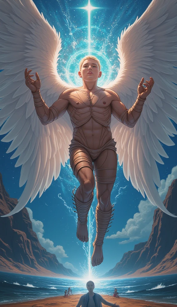 Naked male, handsome, full body visible, Look to the right., Spread both arms.