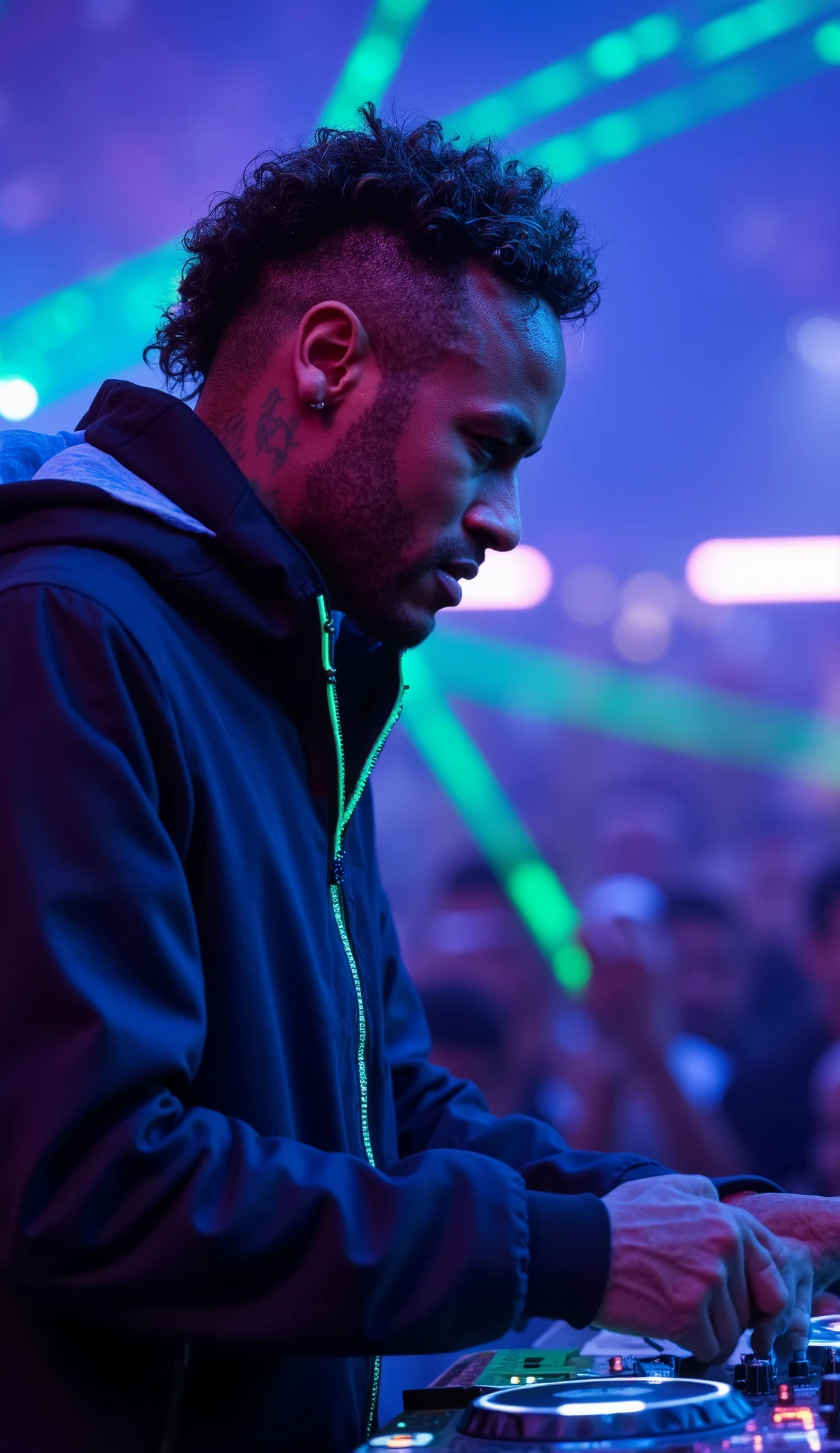 In this cinematic profile shot, Neymar's creative process becomes almost tangible. The neon tubes along his jacket's seams cast an eerie glow on his focused expression as he leans in to monitor the waveform display, teeth gently gripping his lower lip during a moment of technical decision-making. His left hand moves with balletic precision across the mixer while his right taps out a rhythm on the CDJ jog wheel, the muscles in his forearms flexing visibly with each adjustment. Behind him, the stage lights create a starburst effect that frames his silhouette, while the blurred crowd moves as one organism to his musical direction. A perfectly timed laser sweep illuminates the fine mist of sweat and champagne in the air around him, creating a halo effect that emphasizes his status as both athlete and artist.