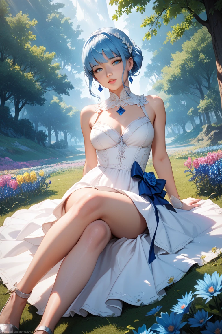 (Best quality, high resolution, masterpiece: 1.3), a tall perfect woman with a slender figure, (short sky blue hair, bunny girl in white clothes), dressed sexy and exposed, in the grass, details of face and skin texture beautifully presented, detailed eyes, double eyelids, sexy pose, realistic, leaky half breast ball, full body shot --auto --s2