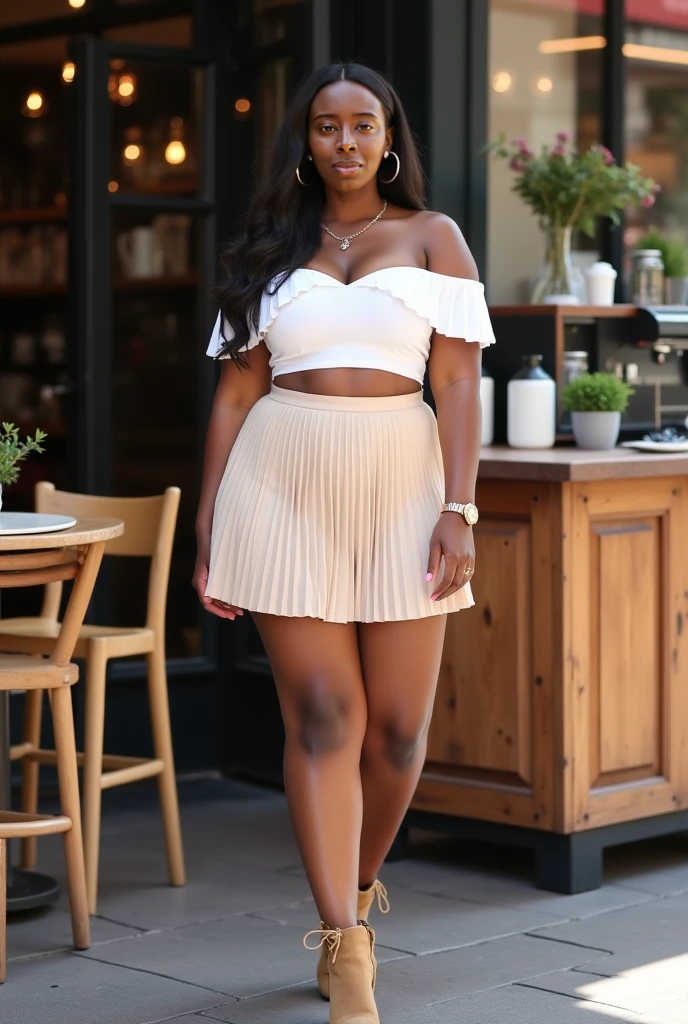 African girl with black skin. Wearing a School Shirt with a low neckline, and a full skirt, white socks and no shoes. Perfect body, large and proportionate breasts, toned legs. captivating and provocative eyes, curly hair, with earrings, gold chain and bracelets. in a room in a surprised pose.