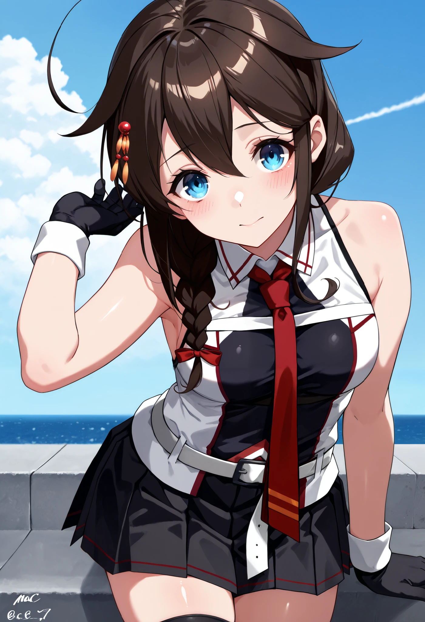 Sigure_Kaizo_kantai collection, KanColle_Shigure, KC,score_9, score_8_up , score_7_up , 8K high resolution ( very detailed ), masterpiece, ( best quality ) animated illustration, detail eyes, detailed face detailed hands thin hair very detailed本文 、 fine skin one girl , long hair、brown hair、 hair ornament、 、 pleated skirt、black、 black high socks fingertip gloves 、 black skirt 、 sleeveless shirt、 single braids、red tie、two-tone shirt、 shoulder hanging hair 、 hair flap、White Belt (chest) a gentle expression Blue sky background