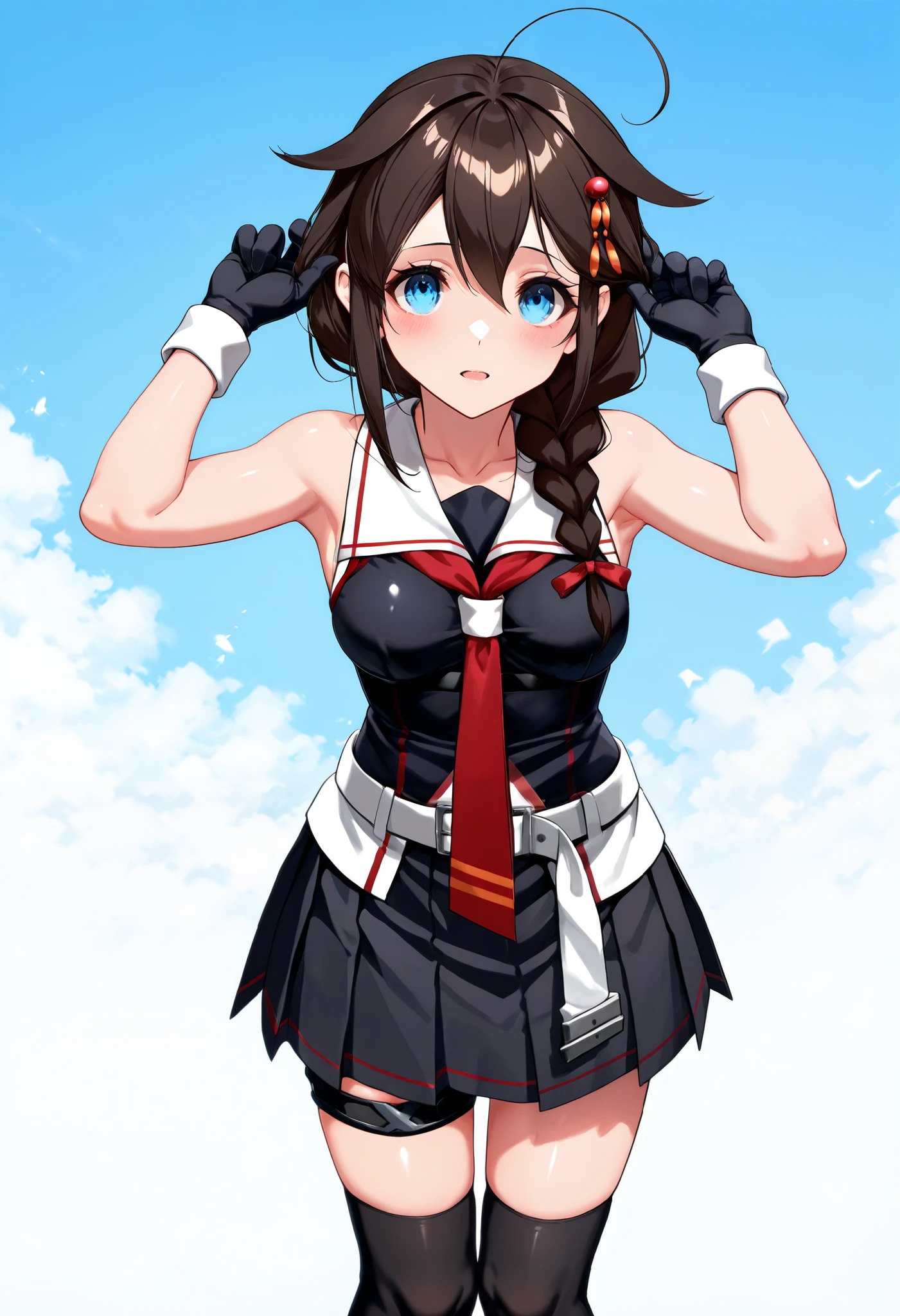 Sigure_Kaizo_kantai collection, KanColle_Shigure, KC,score_9, score_8_up , score_7_up , 8K high resolution ( very detailed ), masterpiece, ( best quality ) animated illustration, detail eyes, detailed face detailed hands thin hair very detailed本文 、 fine skin one girl , long hair、brown hair、 hair ornament、 、 pleated skirt、black、 black high socks fingertip gloves 、 black skirt 、 sleeveless shirt、 single braids、red tie、two-tone shirt、 shoulder hanging hair 、 hair flap、White Belt (chest) a gentle expression Blue sky background