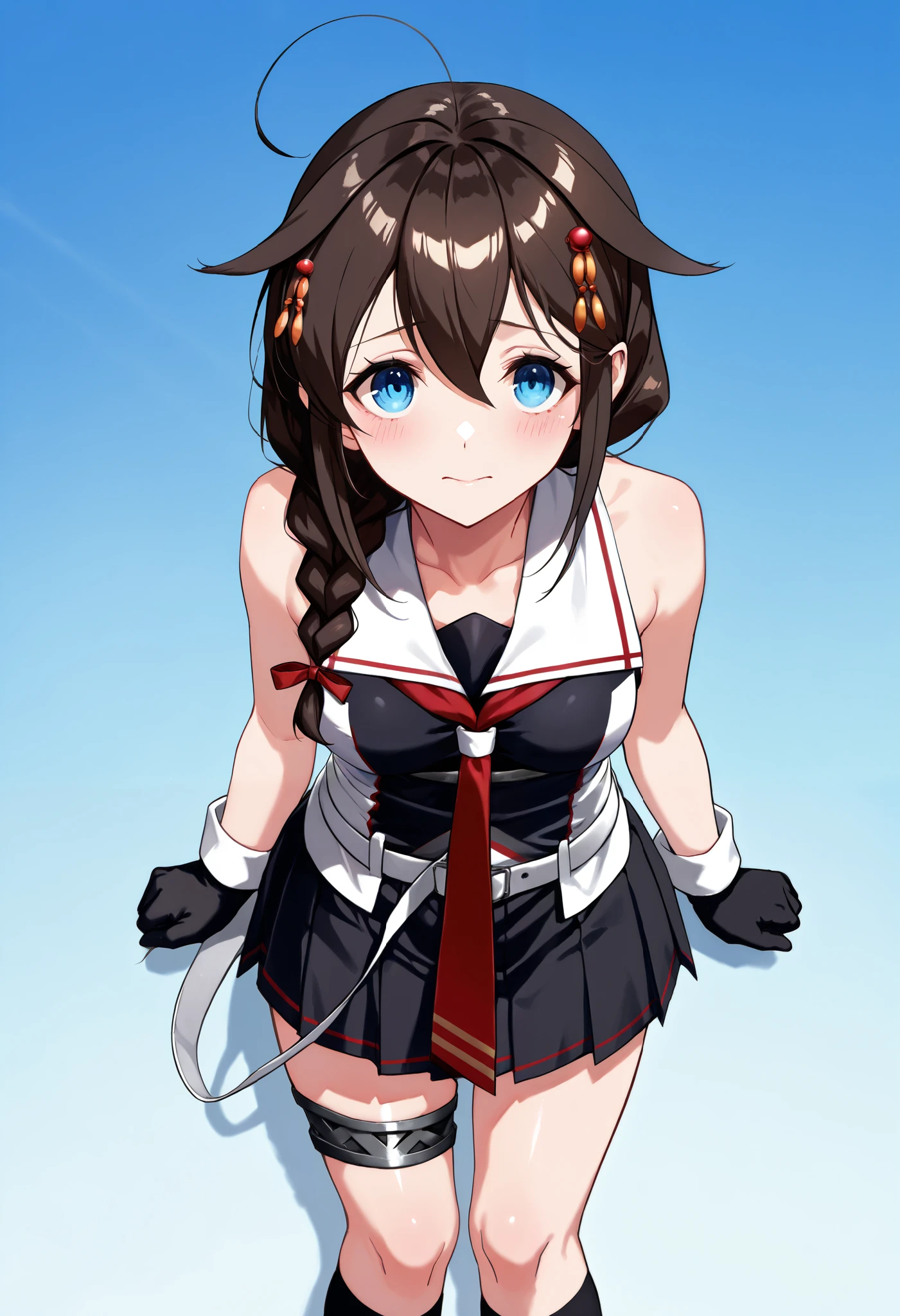 Sigure_Kaizo_kantai collection, KanColle_Shigure, KC,score_9, score_8_up , score_7_up , 8K high resolution ( very detailed ), masterpiece, ( best quality ) animated illustration, detail eyes, detailed face detailed hands thin hair very detailed本文 、 fine skin one girl , long hair、brown hair、 hair ornament、 、 pleated skirt、black、 black high socks fingertip gloves 、 black skirt 、 sleeveless shirt、 single braids、red tie、two-tone shirt、 shoulder hanging hair 、 hair flap、White Belt (chest) a gentle expression Blue sky background