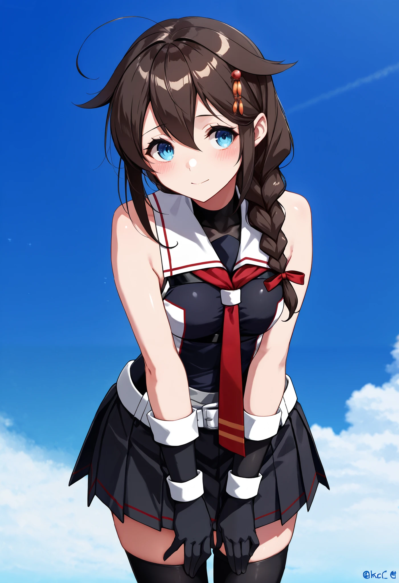 Sigure_Kaizo_kantai collection, KanColle_Shigure, KC,score_9, score_8_up , score_7_up , 8K high resolution ( very detailed ), masterpiece, ( best quality )　 animated illustration,  detail eyes,  detailed face 　 detailed hands 　 thin hair　 very detailed本文 、 fine skin one girl , long hair、brown hair、 hair ornament、 、 pleated skirt、black、 black high socks　fingertip gloves  、 black skirt 、  sleeveless shirt、 single braids、red tie、two-tone shirt、 shoulder hanging hair 、  hair flap、White Belt　(chest)　 a gentle expression　Blue sky background 