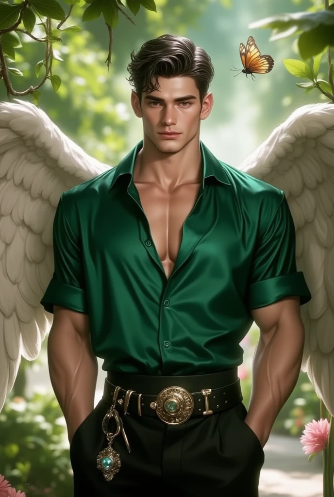 (masterpiece, best quality, realistic, ultra high detailed, UHD, view from a distance, facing the camera), (angel character design):1.5, sexy and galient posture showcasing his muscularity and sensuality, celestial, In a tranquil garden where celestial butterflies flutter amidst radiant flowers, a tall, hot, handsome and muscular young angel in his 20s with a sexy face stands, embodying both beauty and strength. His short stylish dark hair glimmers in the soft sunlight, accentuating his strikingly handsome face. Chiseled face with attractive features, high cheekbones, sharp jawline. His eyes are captivating, looking at the viewers with a warm gaze. His smooth white skin is glistening under the sunlight with a sheen of sweat. (He is wearing a (sensual, homoerotic, unbuttoned ((dark emerald green color silk shirt:2)) revealing his strong muscular chest and sculpted abs)):1.5, black trousers. A belt adorned with an array of tools—delicate carving knives, sparkling gems, and miniature celestial devices—wraps around his waist, each piece reflecting the beauty of his surroundings. His majestic large angel wings, constructed from shimmering feathers, extend majestically behind him. The garden buzzes with life, illuminating his flawless skin with a gentle, dappled glow. His sensual aura is creating an environment of both passion and allure. perfection, sexy posture, extremely sensual, highly erotic, most sexiest, homoerotic, alluring,