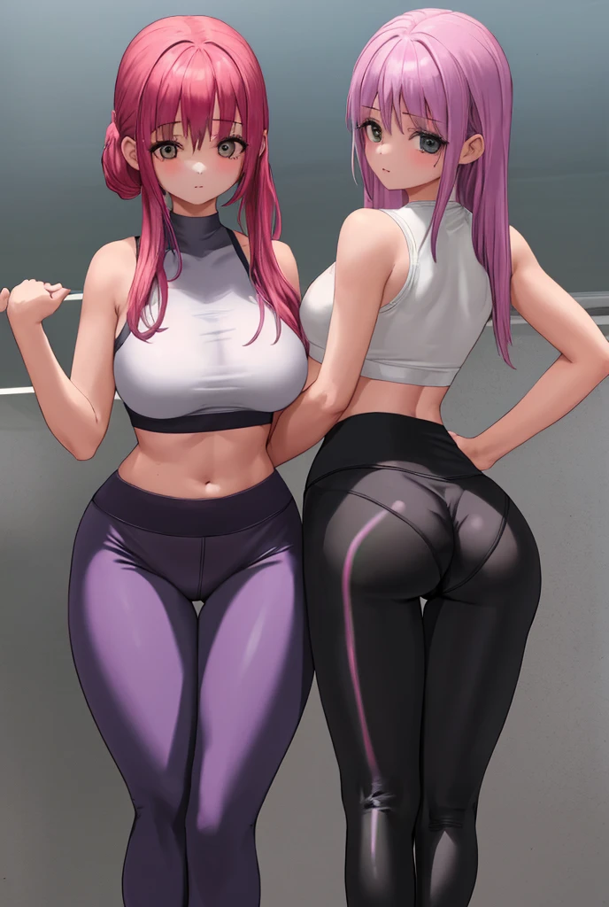 Masterpiece,best quality,high resolution,30 year old woman,pink hair,long hair,beautiful face,blue eyes,bright eyes,cat ears,perfect body,athletic body,milf,bodybuilder pose, small breasts, thick thighs,big ass,round buttocks,bodybuilder,jacket on top,bra, leggings,standing,expression of pleasure, inside the room