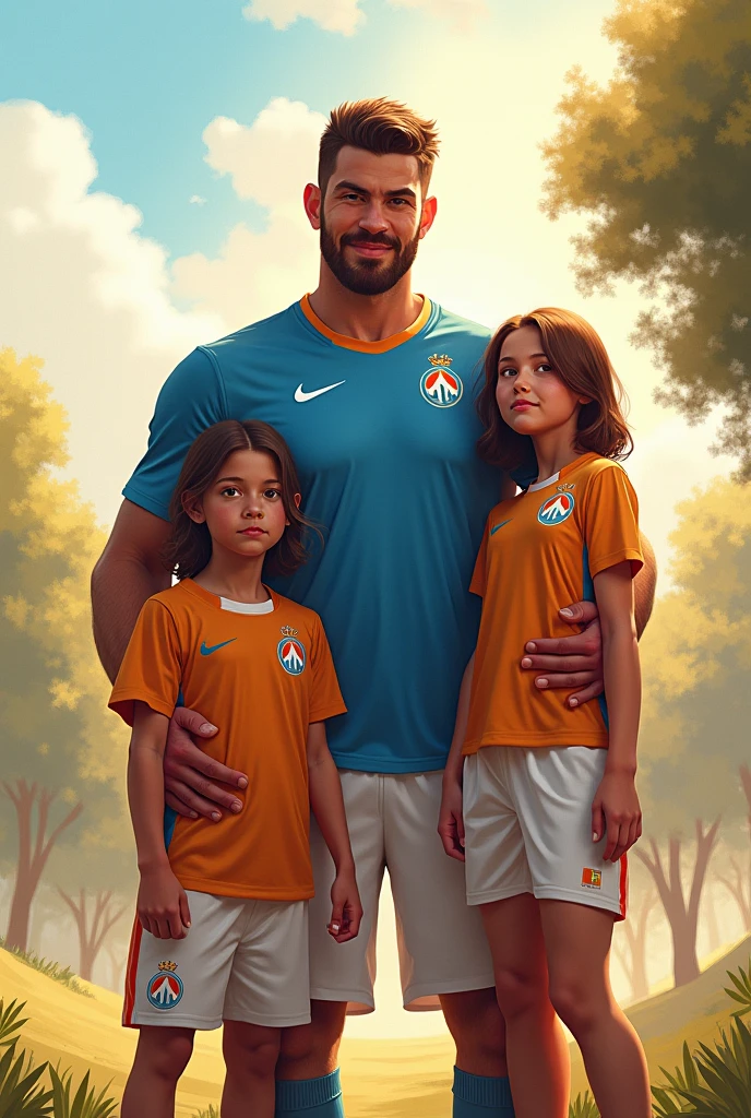 A Boy with curly hair, 7 feet tall and fair skin (a footballer with no.07 jersey) with his sister who is 5'6 feel tall, long wavy hair and light brown skin (a Indian soldier with long pants)