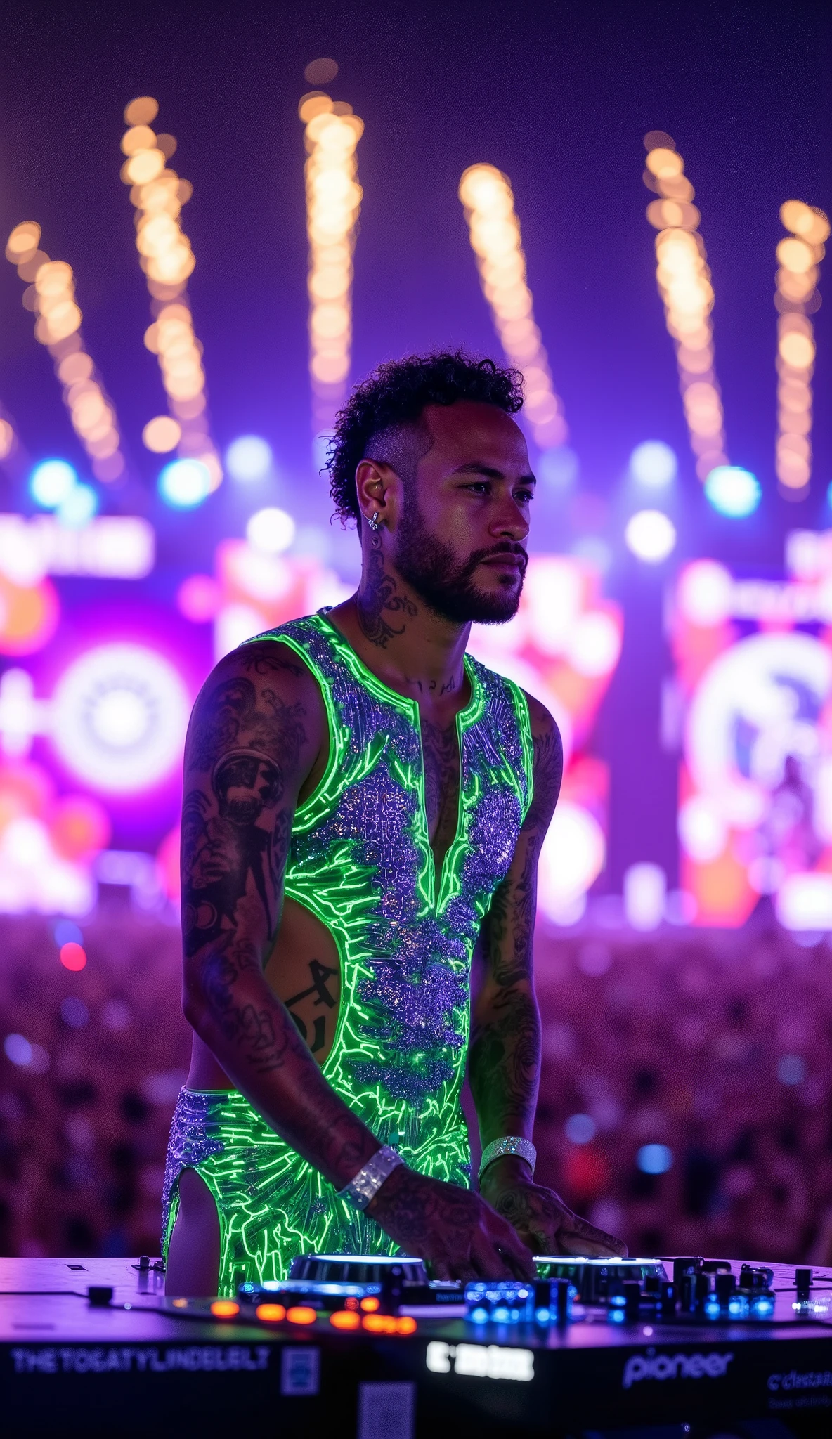 Neymar Jr. commands the Tomorrowland mainstage in a dazzling cyberpunk ensemble, his neon-green and purple bodysuit pulsing with synchronized LED patterns that mirror the festival's frenetic energy. Standing confidently behind his Pioneer CDJ-3000 setup, his tattooed arms move with fluid precision as he manipulates the mixer's glowing controls, his diamond-studded headphones catching the strobe lights with every slight head movement. The wide-angle composition captures the full spectacle - from the sea of 60,000 euphoric fans waving illuminated totems to the towering stage structure erupting with coordinated pyro bursts that cast dramatic shadows across Neymar's focused expression. Behind him, massive LED screens display his iconic "NJ" logo transforming into psychedelic visuals that sync perfectly with the pounding bassline shaking the ground beneath the crowd's dancing feet.