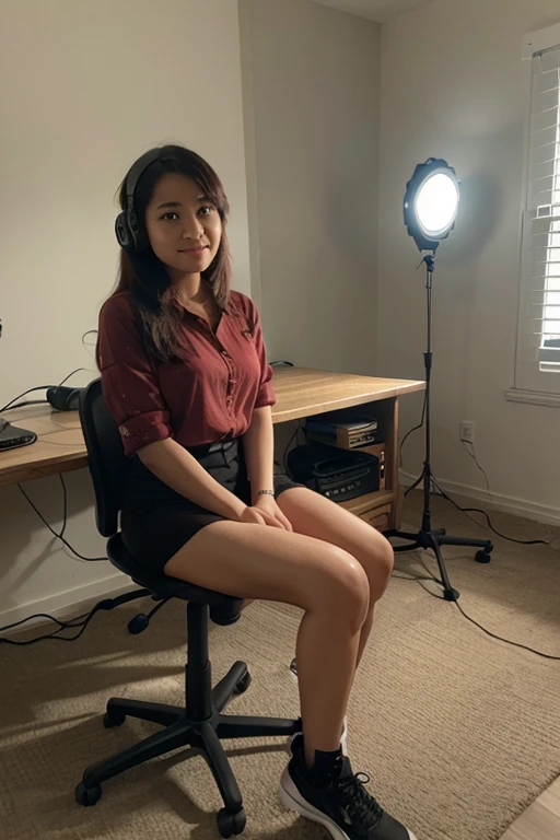 ((best quality)), ((masterpiece)), (detailed), perfect face, young indonesian woman, gorgeous, sitting in a chair in front of a camera, commercial photo shoot, commercial shot, wide angle video studio, photo from a promo shoot, behind the scenes, video shoot, photoshoot, looking towards the camera, video set, middle shot, national geographic photo shoot, documentary still, promo shoot, editorial footage, wearing formal shirt, ellegant