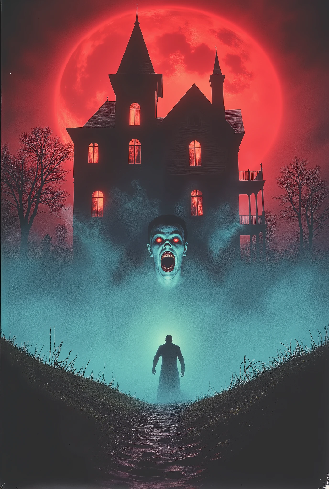 1980s horror movie poster art featuring a Victorian mansion and with demonic possession