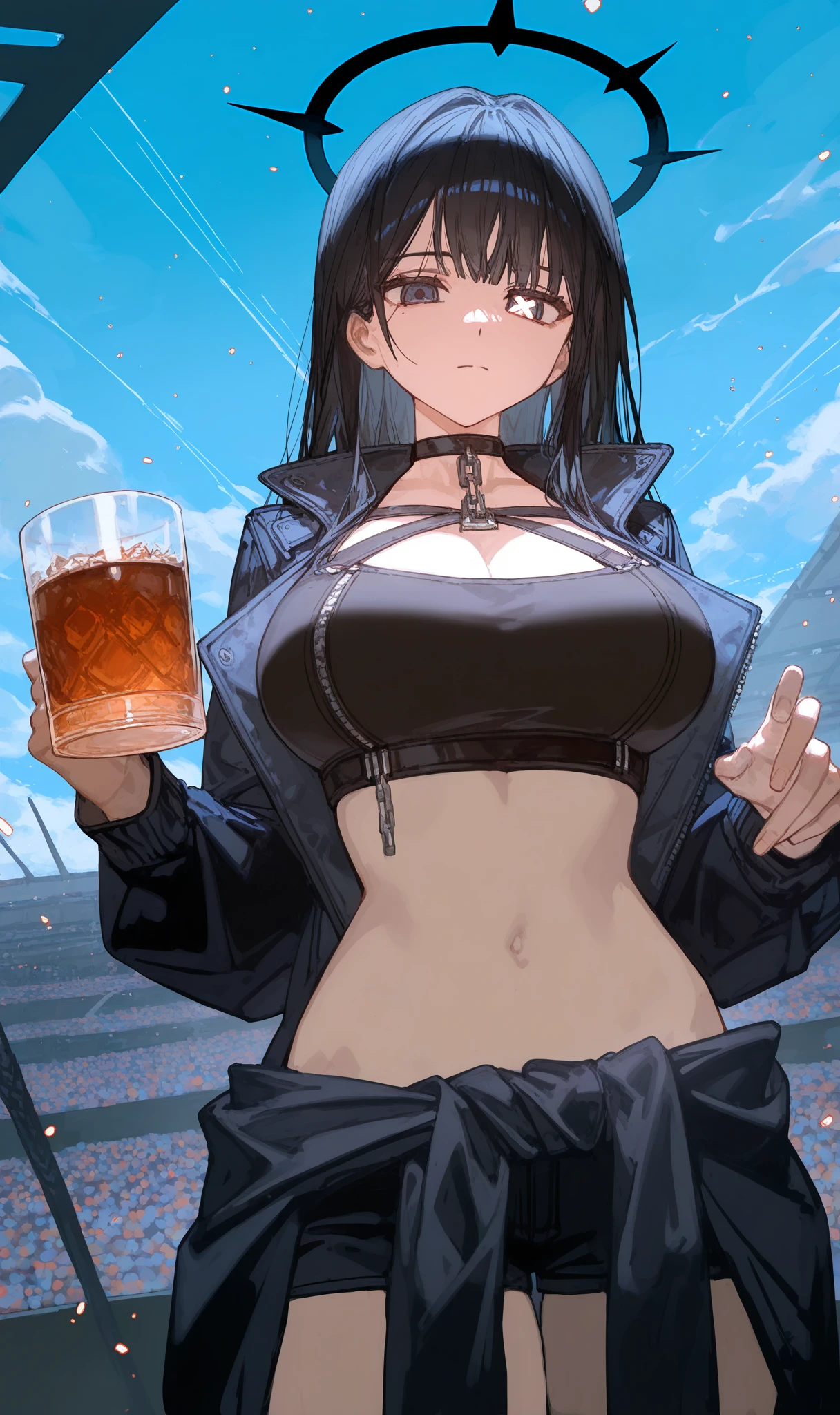 Masterpiece, highest quality, high resolution background, bright and beautiful atmosphere, 3 girls (2 years old, 1 short-tempered round face), 1  (hair, surface effects), big breasts, , upper body close-up, cleavage Holding a cold can of Jules, tight-fitting clothes, touching the can, winking, cheeks turning red, "deltamon_sdXL :0.73) >Deltamon"