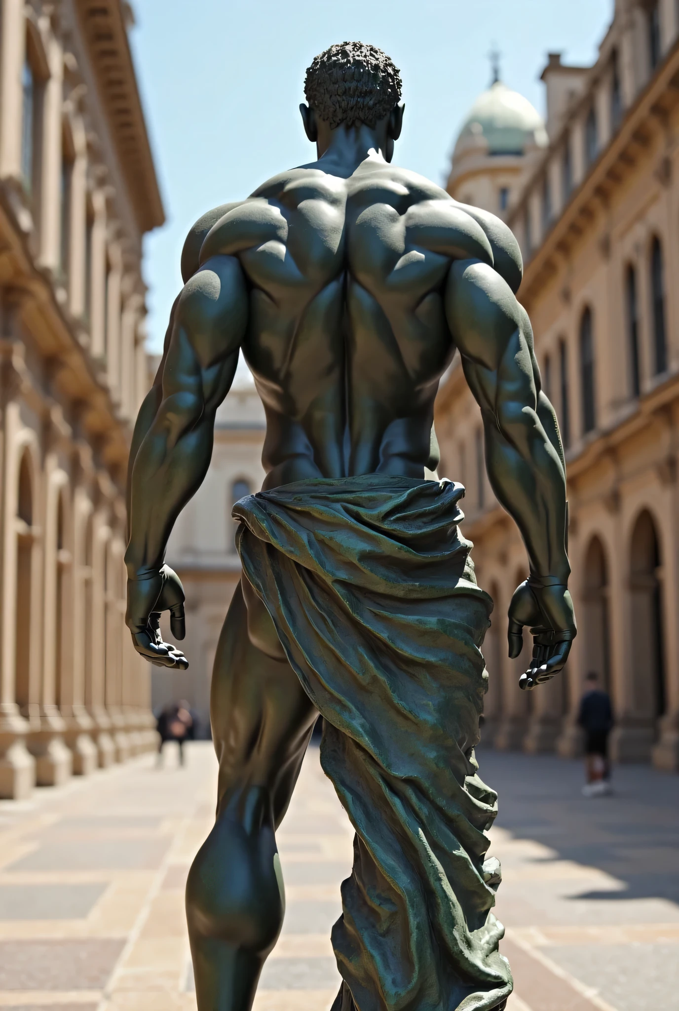 cinematic, top quality, masterpiece, absurdres, perfect anatomy((chase))(((statue of David by Michelangelo)))(running away from the Louvre Museum)), sunset,
