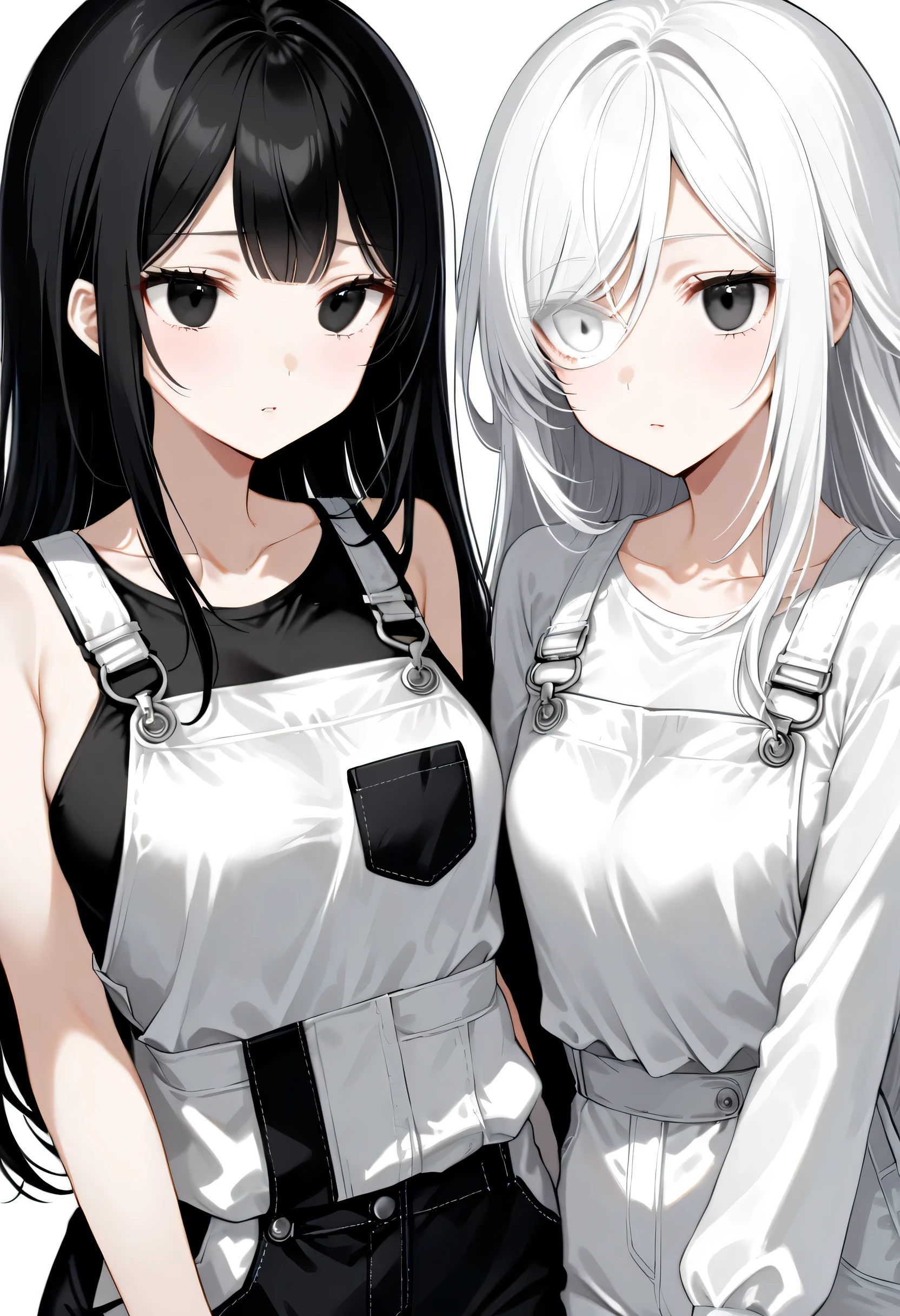 Black and White、girl、Black and white hair、Black and white mixed、Black and white mixed髪、Half Black、Half white、Long Hair、odd eye、Odd Eye: Left eye is white, right eye is black、Left eye is white、Left eye is white、Right eye is black、Right eye is black、girl with an overall mix of black and white、Black and Whiteのgirl、White background、White and black Girl、White Room、Black and white Girl、emotionless、Calm