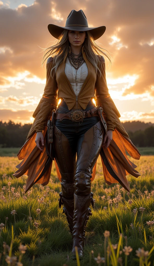 Full body cowboy woman circa 1880s, Long straight blond hair, Brown eyes, High arched eyebrows, Slender and graceful neck, Red lips, Large Breasts, Brown Leather Tights, Sleeveless Brown Leather Vest, Leather Boots, Walking on the dusty sandy streets of a deserted North American town,The wind blew through her hair, Practical, photoPractical, photoPractical, fear, Dark gloomy atmosphere and dramatic lighting, dark red, Foggy environment, Detailed facial expressions, Terrible fog