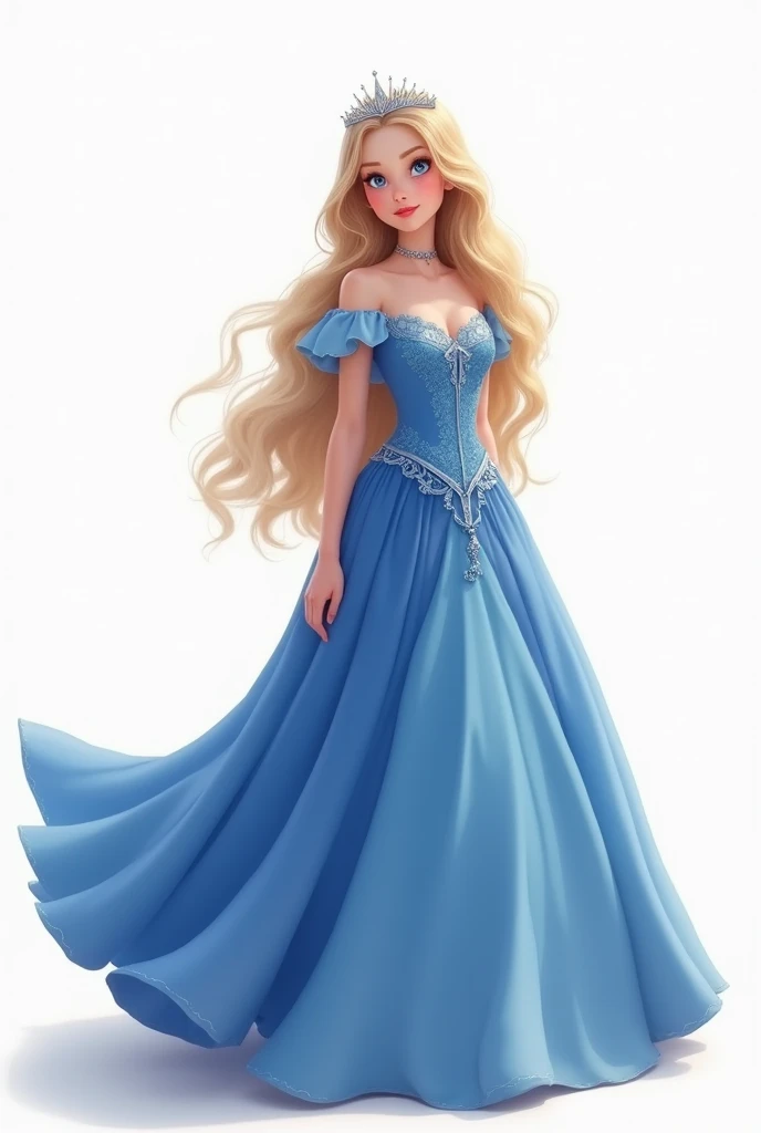 a tall girl wearing a short dress wearing decorated with jewelry who has blue eyes, slim waist, heart shaped lips, pointed nose, v shaped chin, cat shaped eyes, and her hair is blue, long and curly.