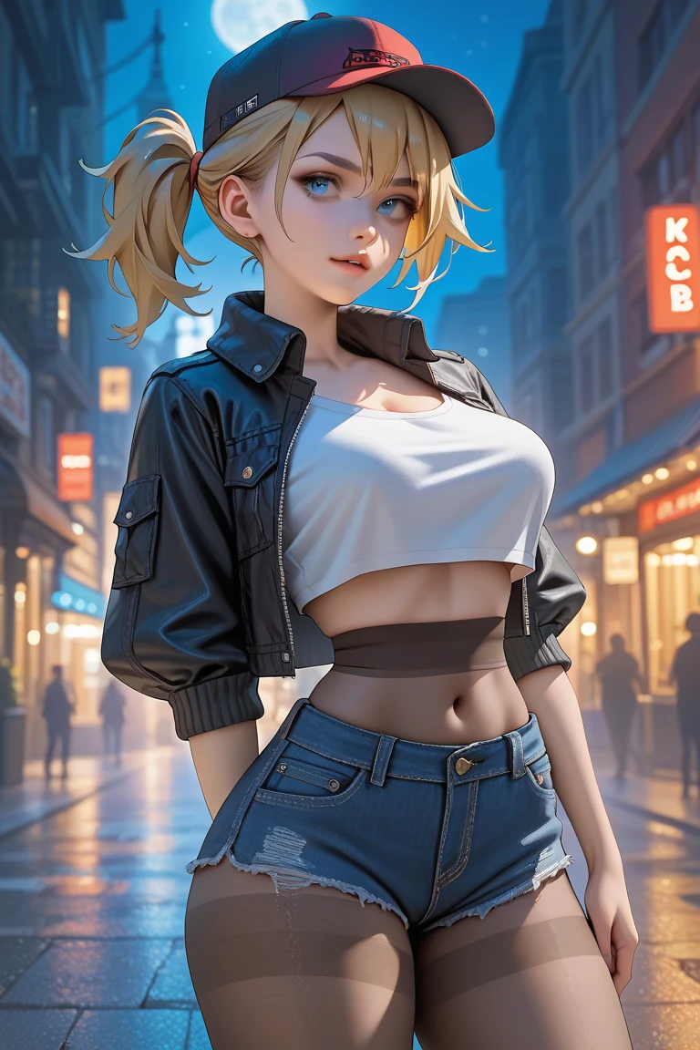 1girl in, solo, android 18, Silver blonde hair, blue eyes, Short hair, Jewelry, earrings, Smile, Jacket, Looking to the side, denim, Denim jacket, Upper body, makeup、cloud, skyporn, day, Looking away, Blue sky, clavicle, Leather Mini Skirt、Amitant、Full body painting of boots、 very Bigger breasts，busty figure, fleshy feeling, Sweat profusely, perfect  detail, High-resolution fine textures, depth of field effect, Vivid lighting effects, lightand shade contrast, Ray tracing and flare effects, Best texture, A futuristic, (((fighting poses)))、Abrasions on the fists, naked pussy, pussy