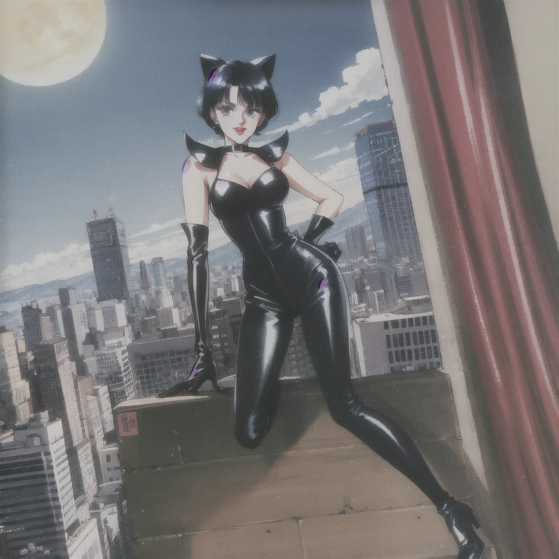 score_9, score_8_up, score_7_up, score_6_up, 1girl, 1990s \(style\), cyb0rg, solo, science fiction, cable, mechanical parts, cat ears, long hair, gothic, large breasts, full body, latex, collar, high heels, retro anime, 1990, scanlines