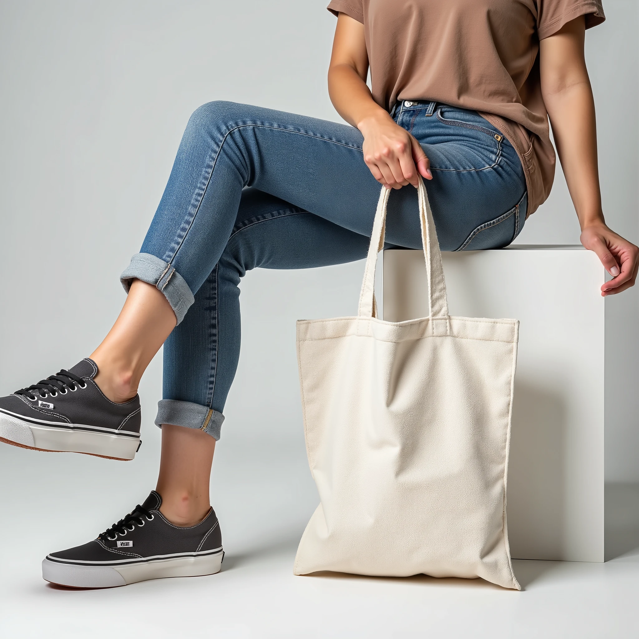 (((Close-up - low angle))) of a trunk of a young woman sitting on a low white block, usando Skinny jeans e (((Vans® sneakers))), holding one holding a white cloth bag, holding a raw cloth bag, square bag,  Sustainable Materials , flat bag, holding an ecological bag, Realistic photo,  advertising photo , advertisement image, photo in perspective 